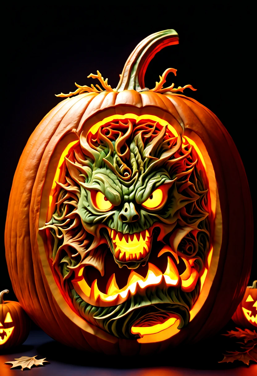 3D model carved Hellscape inside a Pumpkin, halloween background, carved by mark ploog, carved by Gustav, dore intricate elaborate, detailed fantasy, colorful lighting inside carved pumpkin, fall background, award-winning carved pumpkin, national geographic photograph