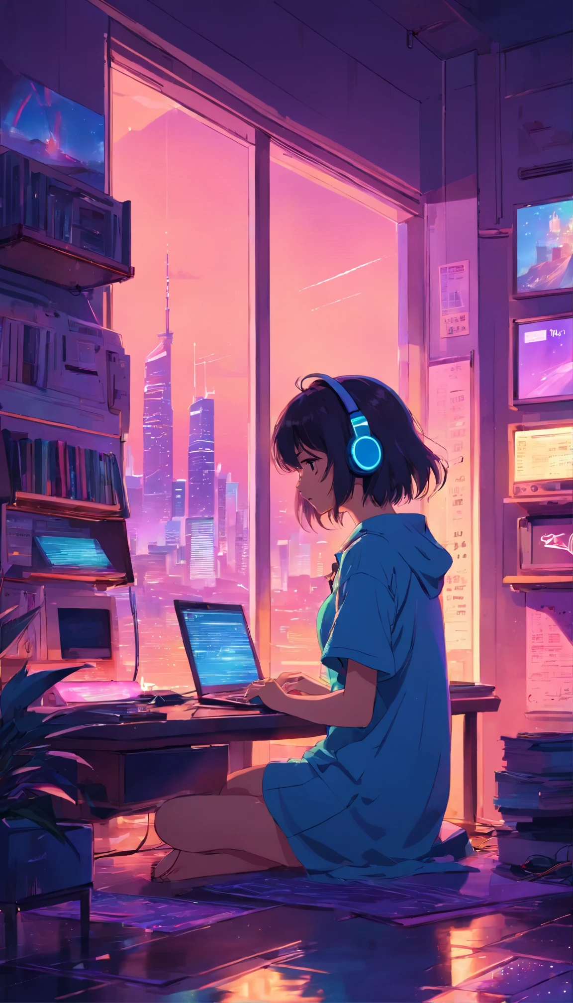 (zero), Girl studying in her room, reading a book, Wear headphones, , night lights, Neon landscape on a rainy day,Analog Color Theme, Lo-Fi Hip Hop , retrospective, flat, 2.5D ,Draw a line, Ink Drawing, Large slope, Watercolor painting, Goosch Colors, Studio Ghibli Style, Awesome colorful, Outer Ton, Synthwave, lofi art,90s style,Old texture, amplitude,90s vibe, masutepiece, Tremendous technology, 16:9 scale