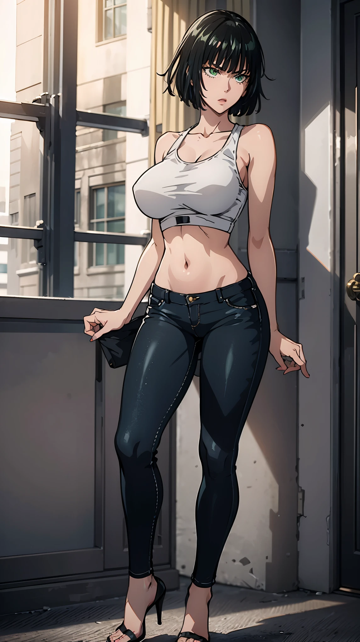 Fubuki from One Punch Man, masterpiece, best quality, 8K, UHD, ultra detailed, ,sexy pose, full body ,beatiful green eyes, beatiful hair, wearing black thight jeans , wearing a tight white tank top, wearing high heels, sexy leg, sexy boobs