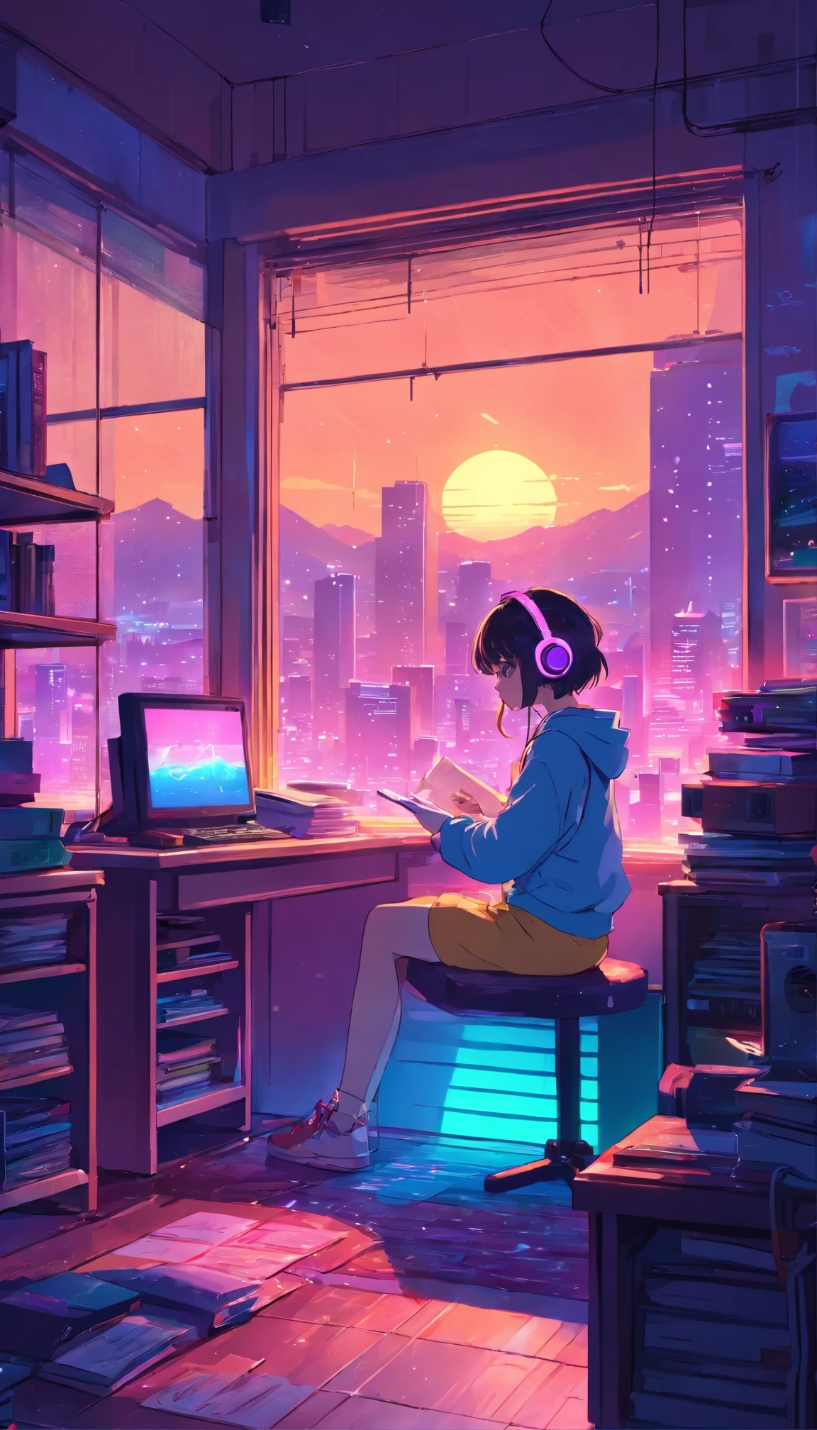 (zero), Girl studying in her room, reading a book, Wear headphones, , night lights, Neon landscape on a rainy day,Analog Color Theme, Lo-Fi Hip Hop , retrospective, flat, 2.5D ,Draw a line, Ink Drawing, Large slope, Watercolor painting, Goosch Colors, Studio Ghibli Style, Awesome colorful, Outer Ton, Synthwave, lofi art,90s style,Old texture, amplitude,90s vibe, masutepiece, Tremendous technology, 16:9 scale