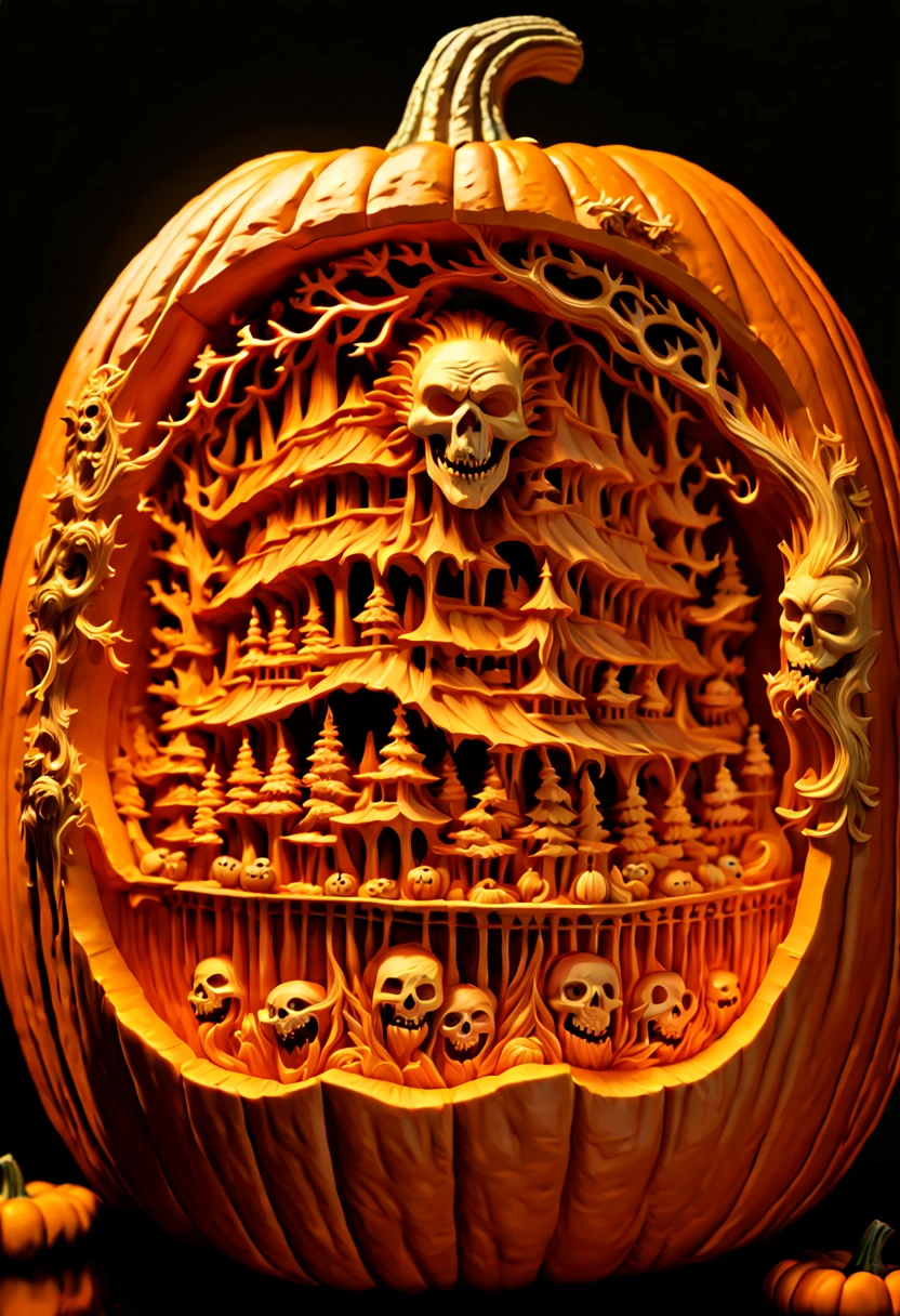 3D model carved Hellscape inside a Pumpkin, halloween background, carved by mark ploog, carved by Gustav, dore intricate elaborate, detailed fantasy, colorful lighting inside carved pumpkin, fall background, award-winning carved pumpkin, national geographic photograph
