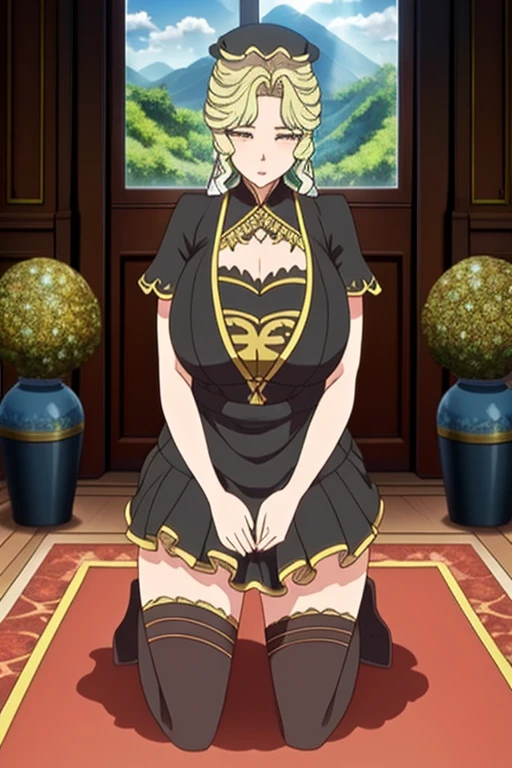 masterpiece,Boutique,meticulous,Delicate scenery,beautiful lighteautiful light and shadoirl,kneeling,((Kneel down on one knee),Hold your chest out)huge,,charming look,mini skirt,Continuous content,,black stockinglack high heelaid appearance),model pose,meticulous的皮肤纹理,Tyndall effect,mansion