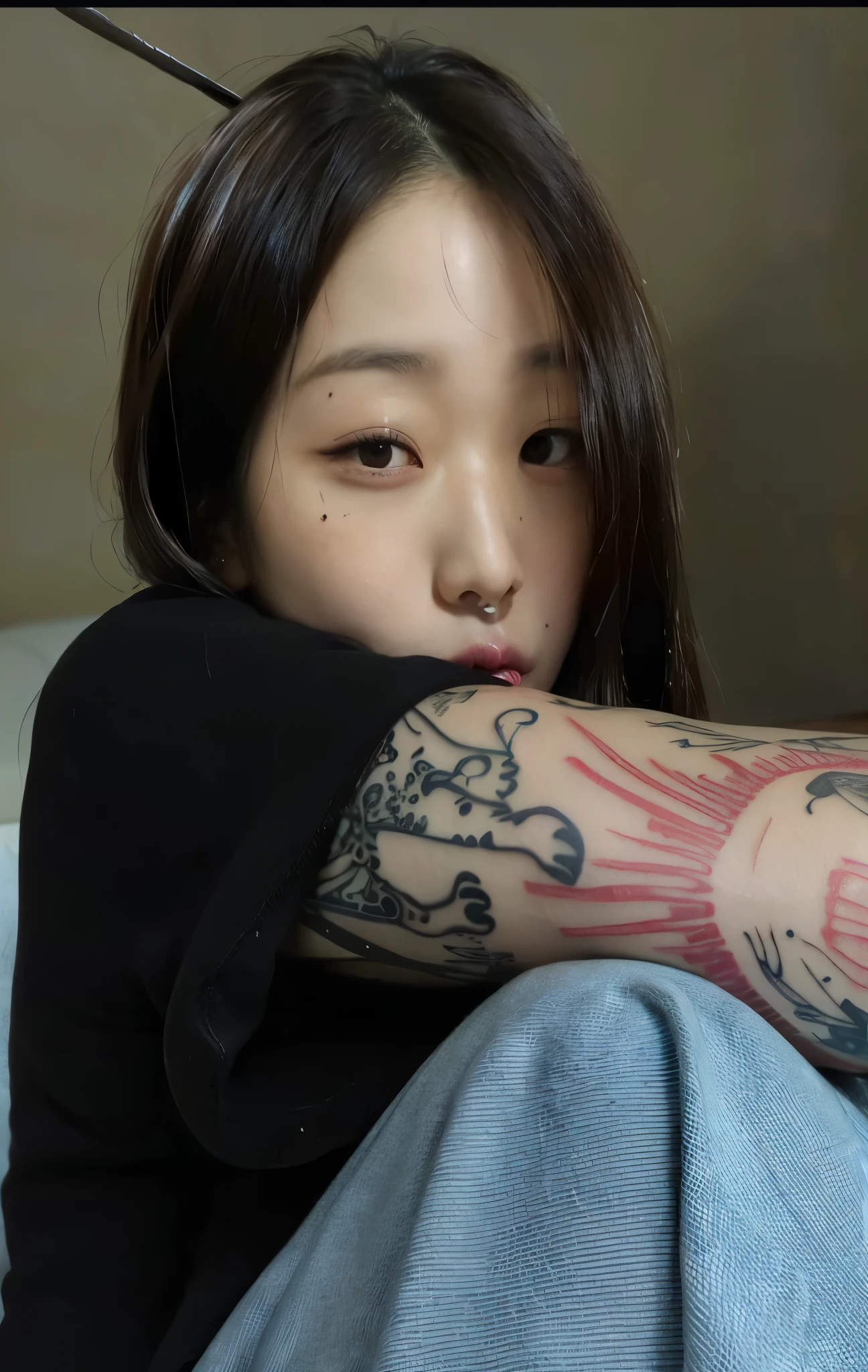 arafed woman with a tattoo on her belly sitting on a couch, of taiwanese girl with tattoos, with tattoos, full body without clothes, leaning backwards slightly. Wide open her legs, taejune kim, with facial tattoo, arms covered in gang tattoo, inked, korean artist, junji ito style, tattooed, xision wu, louise zhang, arm tattoos