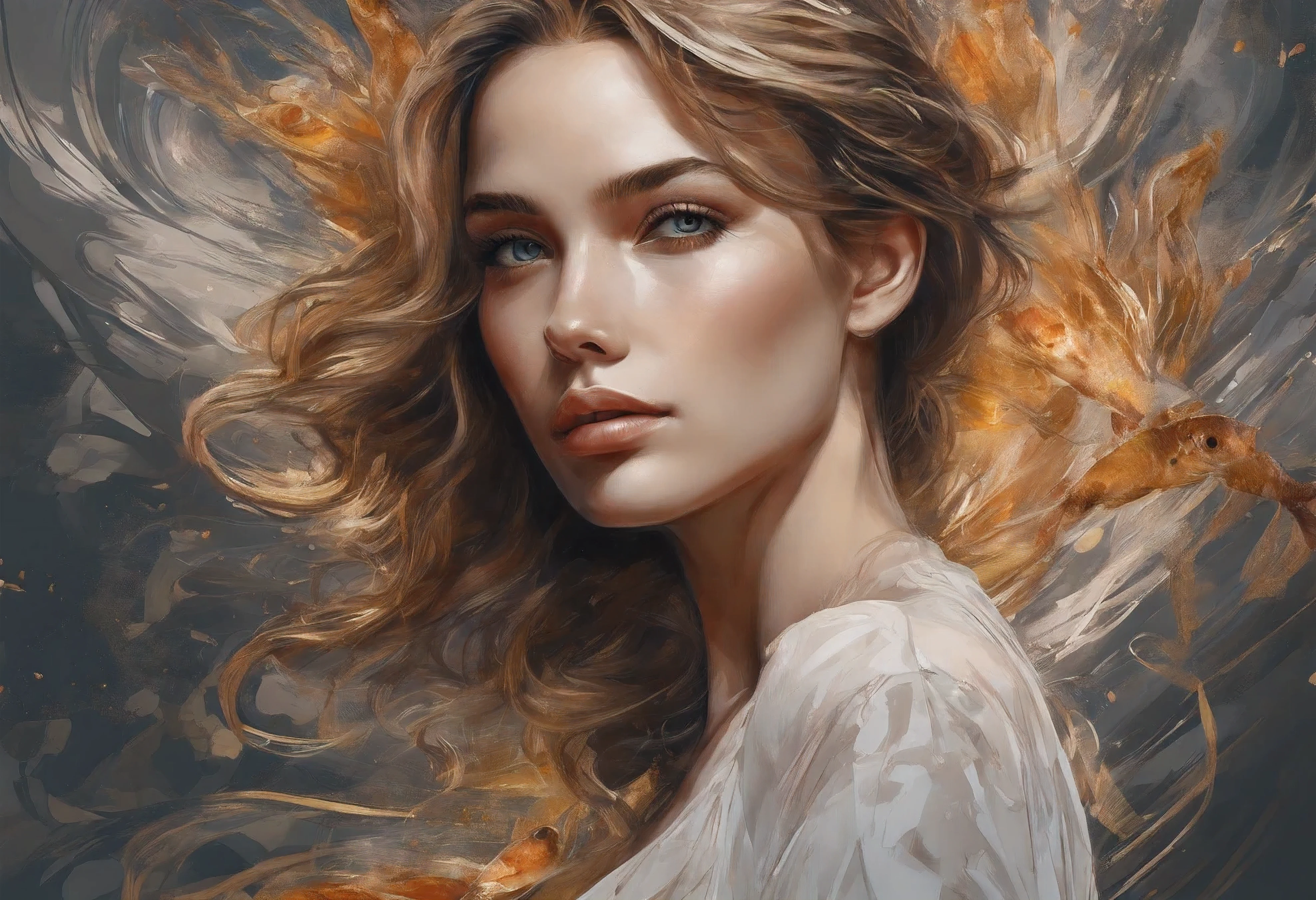 Hyper realistic painting of the beautiful sexy 20 years old woman in a flowing long sexy dress, low cut decollate dress, Perfect centralization, Fantastic Black Golden Beams, alegria, Standing position, beleza abstrata, Centrado, looking at the camera, Facing the camera, Approaching perfection, Dynamic, altamente detalhado, liso, foco nítido, 8k, alta resolução, illustration, arte de Carne Griffiths e Wadim Kashin, Personagens de Goldfish