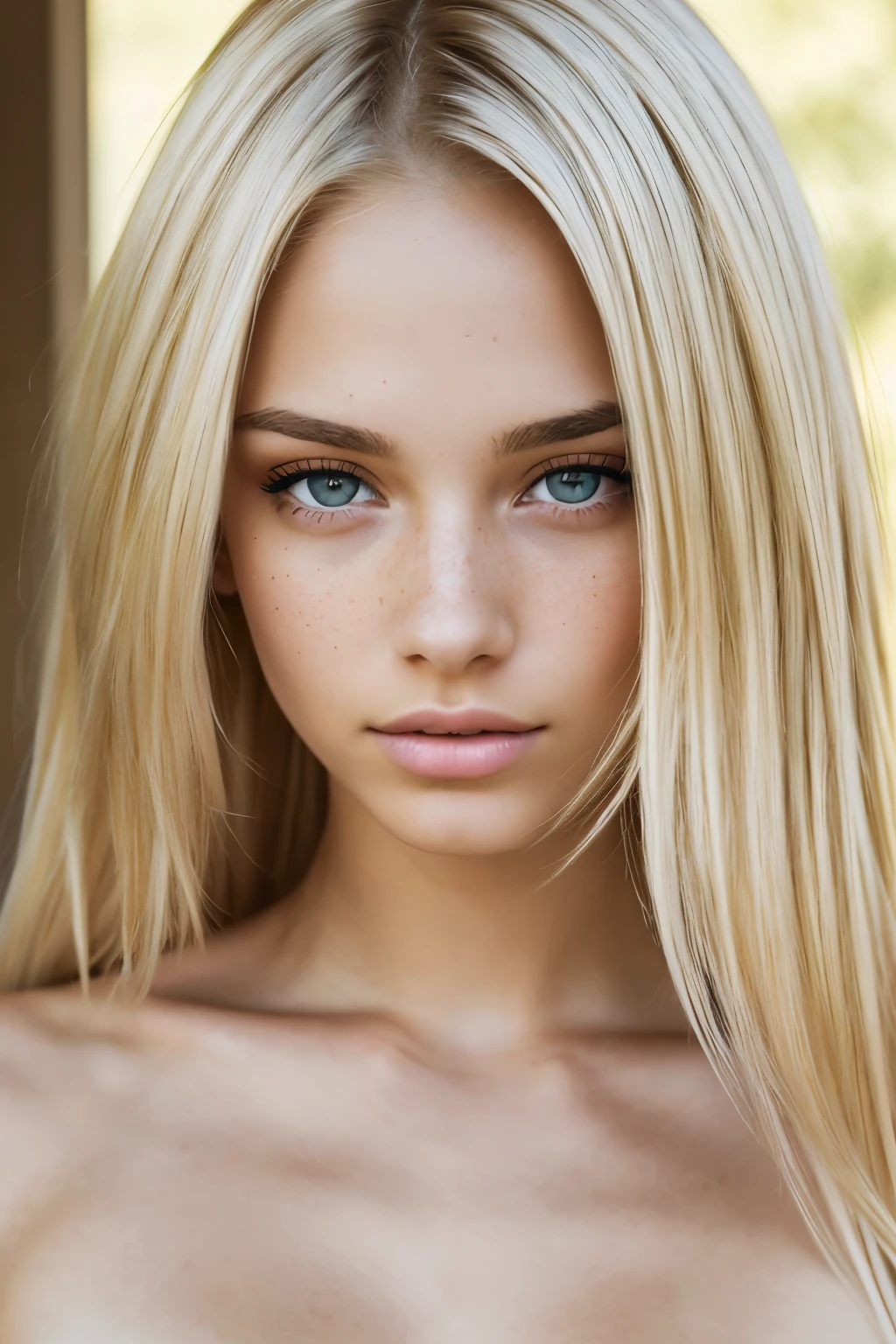 (medium shot editorial front photo of 18 yo naked woman, blonde hair, slim latinas sweetheart), (freckles:0.9), (full lips) close, (yelloreen) green/grey eyes, POV, realistic[:, (film grain, 25mm, f/1.2, dof, bokeh, beautiful symmetrical face, perfect sparkling eyes, well defined pupils, high contrast eyes, ultra detailed skin, skin pores, vellus hair, big boobs, sexy belly, nipples hard, sexy, fabric stitching, fabric texture, wood grain, stone texture, finely detailed features:1):0.9]