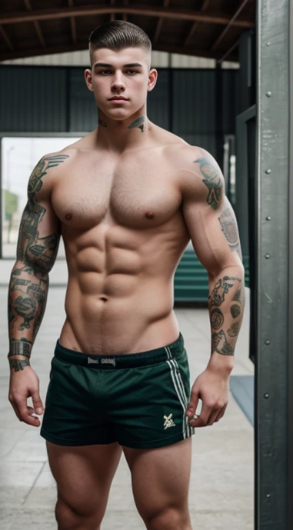 White age boy , 17 yttoos on half forearms 18 years old, military haircut, black hair, green eyes fixed, affiliated features, no facial hair, height 1.93, weight 100 kg, aesthetic muscular build, broad shoulders, V-shaped body, full body focus, completely hairless,