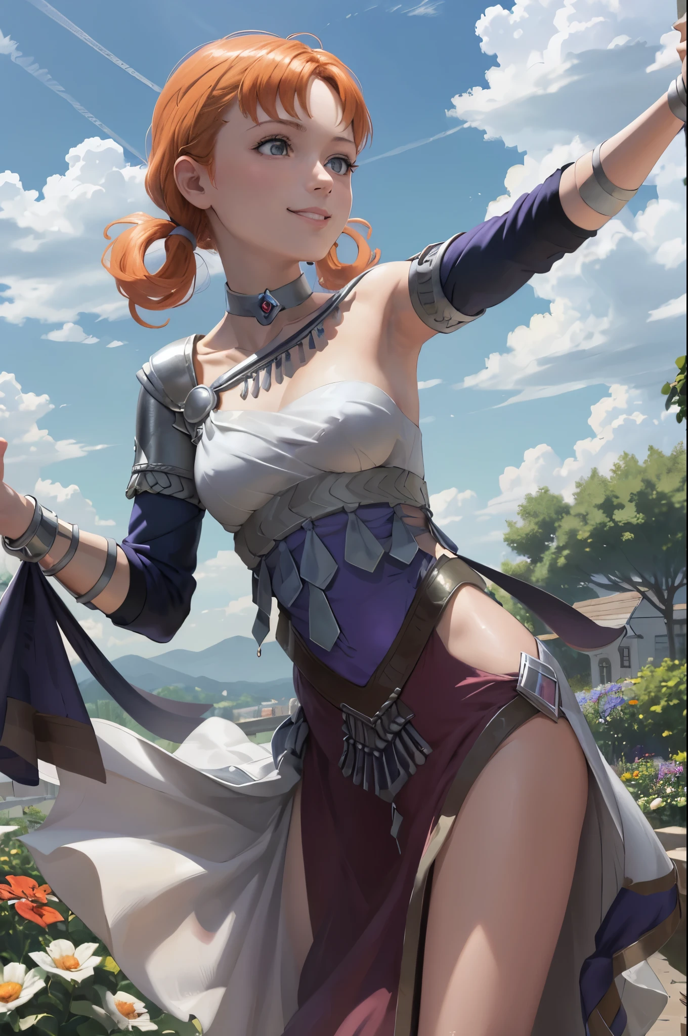 masterpiece, best quality, Annette Fantine Dominic, annetudent, orange hair, twintails, small breasts, dark purple danceroutfit, looking at viewer, smile, sky, clouds, garden, cowboy shot, 