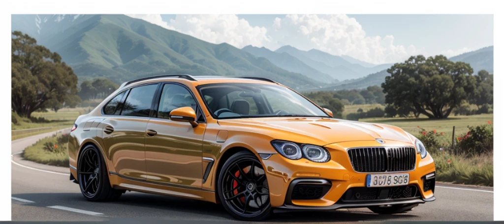 tropical orange plastic color 4x4 luxury sports sedan pursuit scene, spinning wheels, maybach style alloy rims, toyota, porsche, bmw, bentley, honda, brabus, subaru, nissan, urban scene