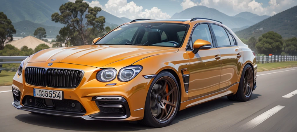 tropical orange plastic color 4x4 luxury sports sedan pursuit scene, spinning wheels, maybach style alloy rims, toyota, porsche, bmw, bentley, honda, brabus, subaru, nissan, urban scene