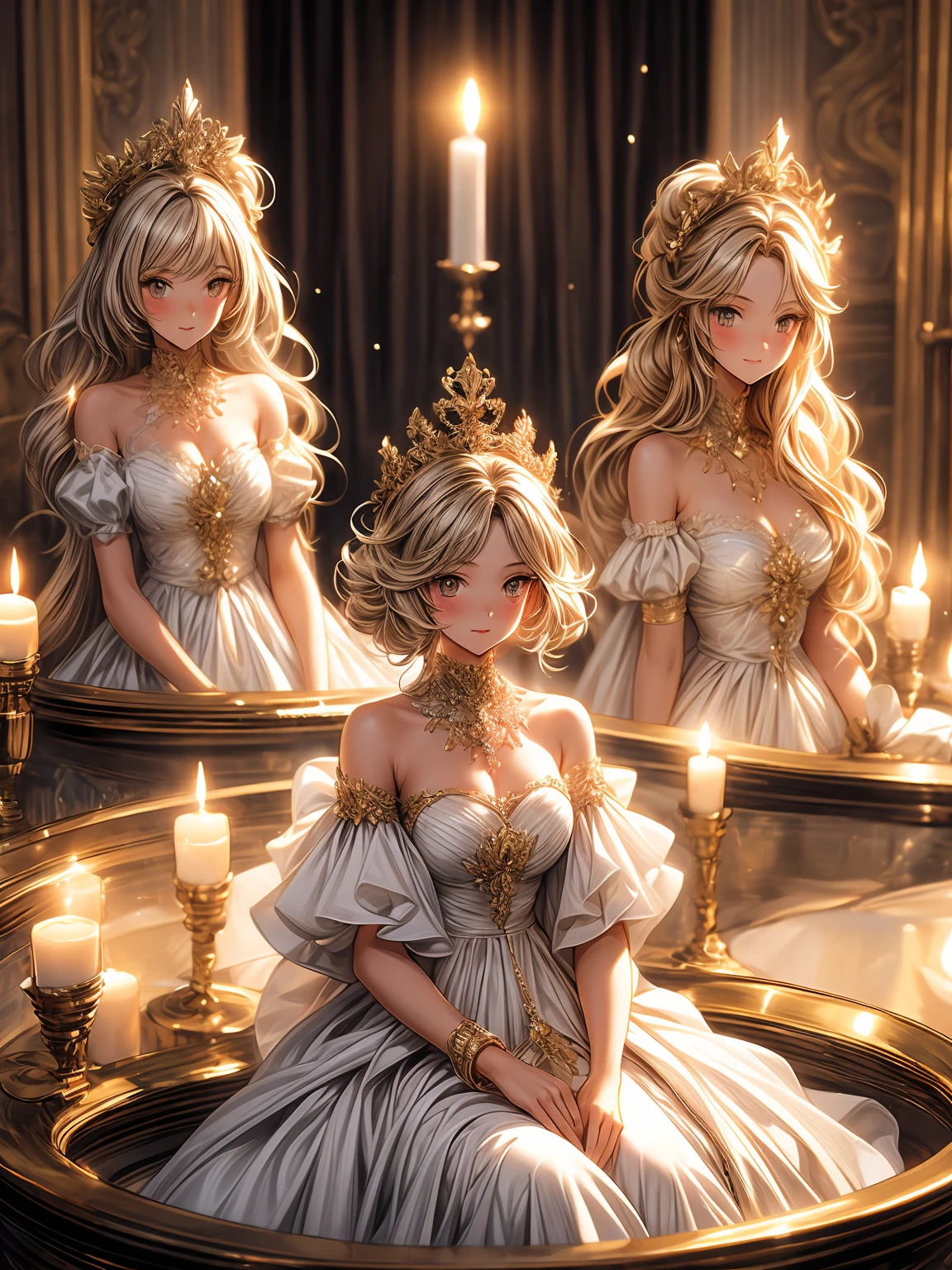 3girls, 3 girls wearing beautiful white dresses, beautiful tiara hair accessories, golden hour , playing in bath tub, golden hour lighting, curly lond hair, pixiv, soft lighting, soft shadow, candle, happy, cute, ffxiv, golden hour light, cozy background, manga style, Tsutomu Nihei style, vibrant colors, Manga nib pen style, d beautiful_sparkle background, ((shiny )), glistening, highly detailed, light, cute, cozy atmosphere — quality, ((more details:1.5))
Negative prompt: EasyNegative, worst quality, blurry image, worst , normal quality, error , extra legs, extra hands
Steps: 30, Sampler: DPM++ 2M SDE Karras, CFG scale: 5.0, Seed: 108275170, Size: 1080x1350, Model: SDVN7-NijiStyleXL, Denoising strength: 0,
