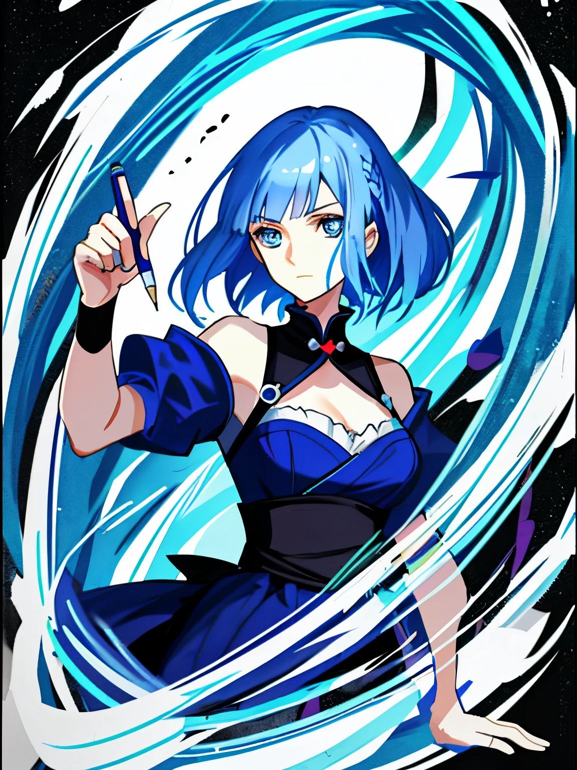 Akane, blue hair, blue eyes, hand drawing, colored pencils, construction ,