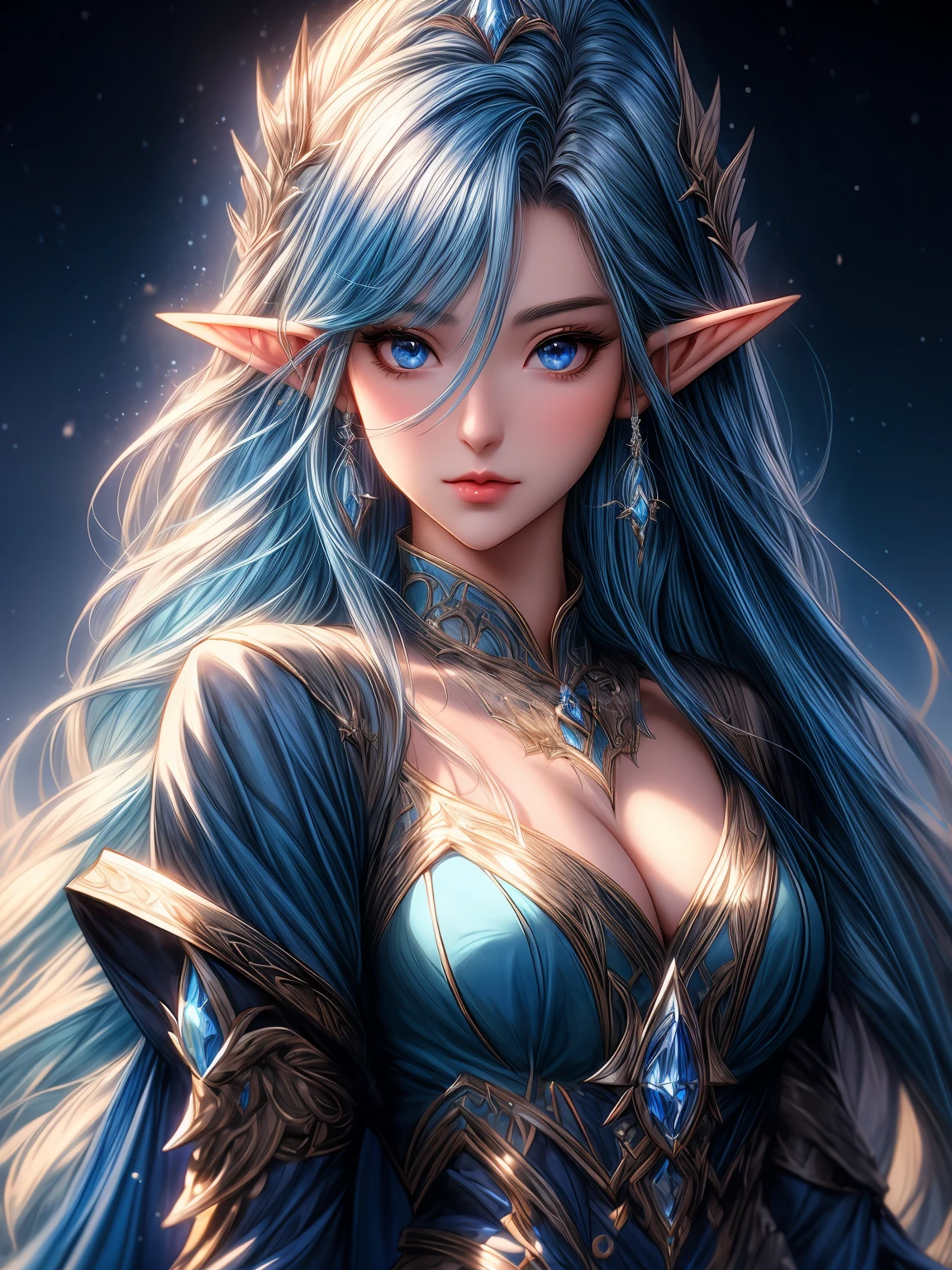 a woman with long hair and blue hair wearing a dress, fantasy art style, extremely detailed artgerm, blue elf, beautiful and elegant elf queen, elf girl, rossdraws 1. 0, portrait of very beautiful elf, artgerm and rossdraws, 8k high quality detailed art, rossdraws 2. 5, rossdraws 2. 0, :: rossdraws