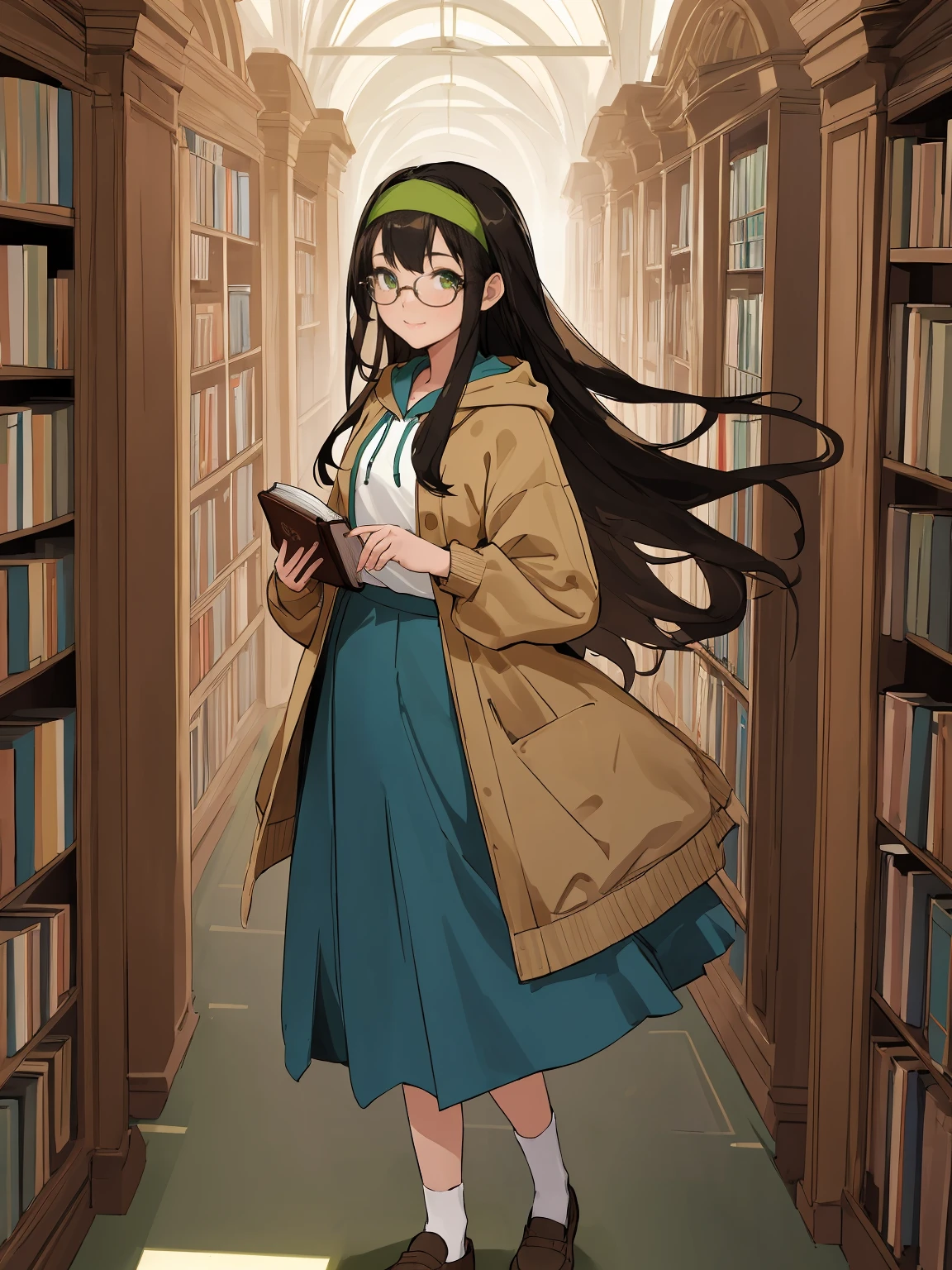 ((Best quality: 1.1)), A well-developed face, 1 girl, High, graceful, standing straight, looks at the viewer ,Black hair, long hair, hair headband, Glasses, Beautiful face, nose, smile, ears, green eyes, brown hoodie, blue skirt, low shoes, the library, bookcase, Elaborate background, hands on stomach, holding a book in his hands