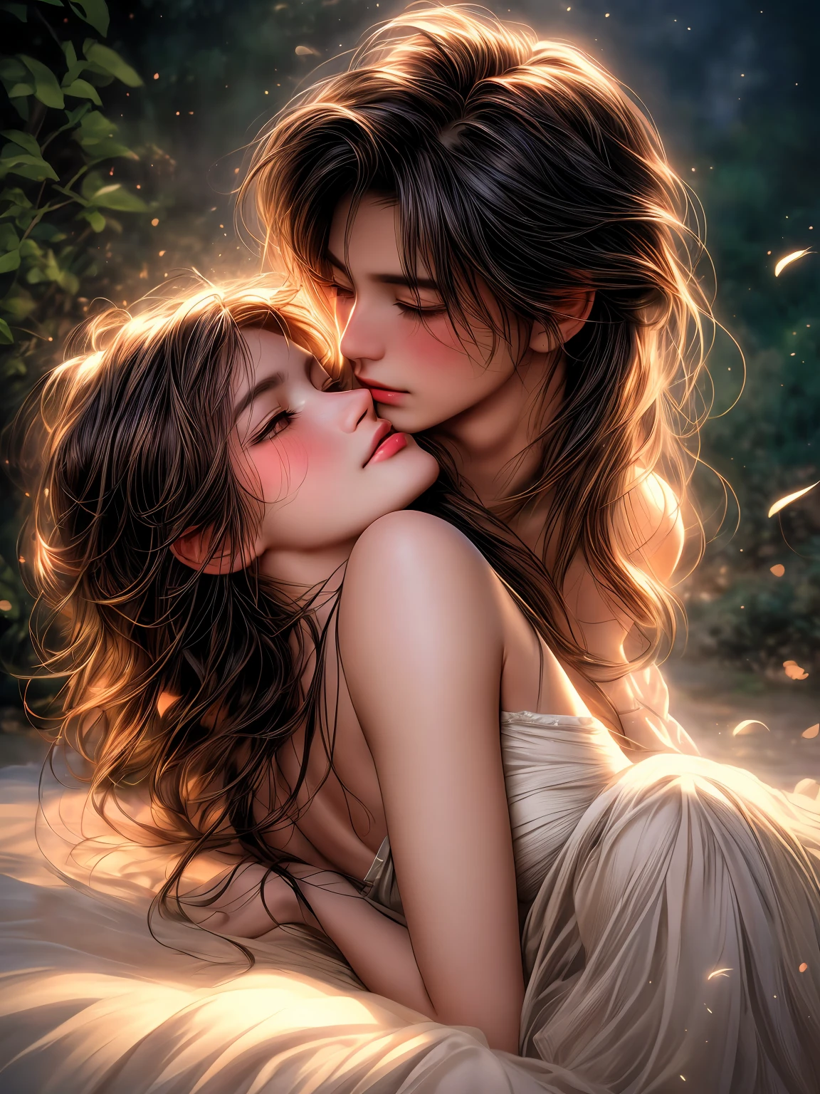 (best quality,4k,8k,highres,masterpiece:1.2),ultra-detailed,(realistic,photorealistic,photo-realistic:1.37),Ravengirl,tigerboy,cozy together,romantic vibe,longeyelashes,beautiful detailed eyes,beautiful detailed lips,in love,flirty,wholesome,kiss on the neck,softly digital art,embrace,tenderness,passion,warm colors,delicate brushstrokes,gentle lighting,emotional connection,sensual atmosphere,nature background,whispering secrets,feathers falling,playful touch,lovers solitude,vivid colors,subtle emotions,tender caress,romantic setting,ethereal feel,whispering wind,magical charm,bonded souls,endless love,sweet enchantment