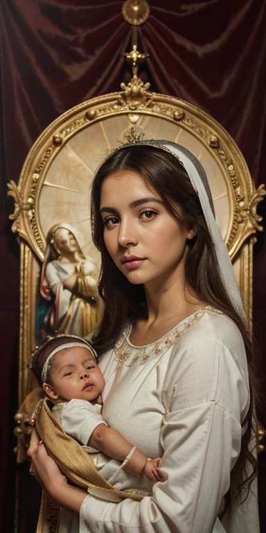 Painting of a woman holding a newborn child in her arms,un manto color crema cubre la cabeza de la virgen y su vestido es de color rojo intenso, tender face of the baby Jesus,obra maestra de arte, WITH CHILD JESUS, The virgin looks tenderly at the baby Jesus.Pintura religiosa, pintado a mano, portrait of virgin mary, added detail, virgin mary, pintado a mano,la ropa de la virgen muy detallada.catholic arte religioso, arte religioso, soft airbrushed artwork, Vista lateral superior, obra maestra muy hermosa, bellamente pintado, oil painting on canvas, Detalle muy completo, Pintura de arte barroco,arte del claroscuro 