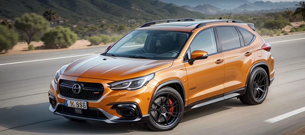 tropical orange plastic color 4x4 luxury sports sedan pursuit scene, spinning wheels, maybach style alloy rims, toyota, porsche, honda crv, brabus, subaru, nissan, mitsubishi, urban scene