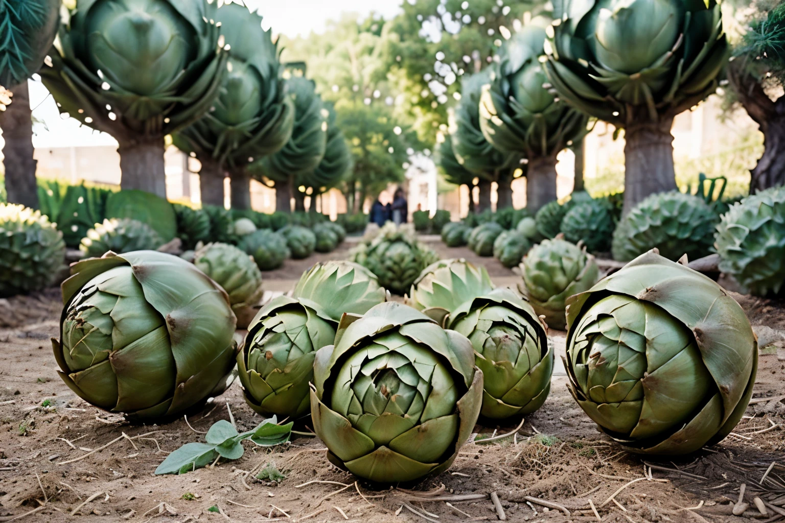 Create a picture that (((depicts a garden full of growing artichokes))). {Draw several artichokes at different stages} of development, from budding to mature artichokes. Around the artichokes, [draw little healthy hearts] blooming or growing, representing cardiovascular health.