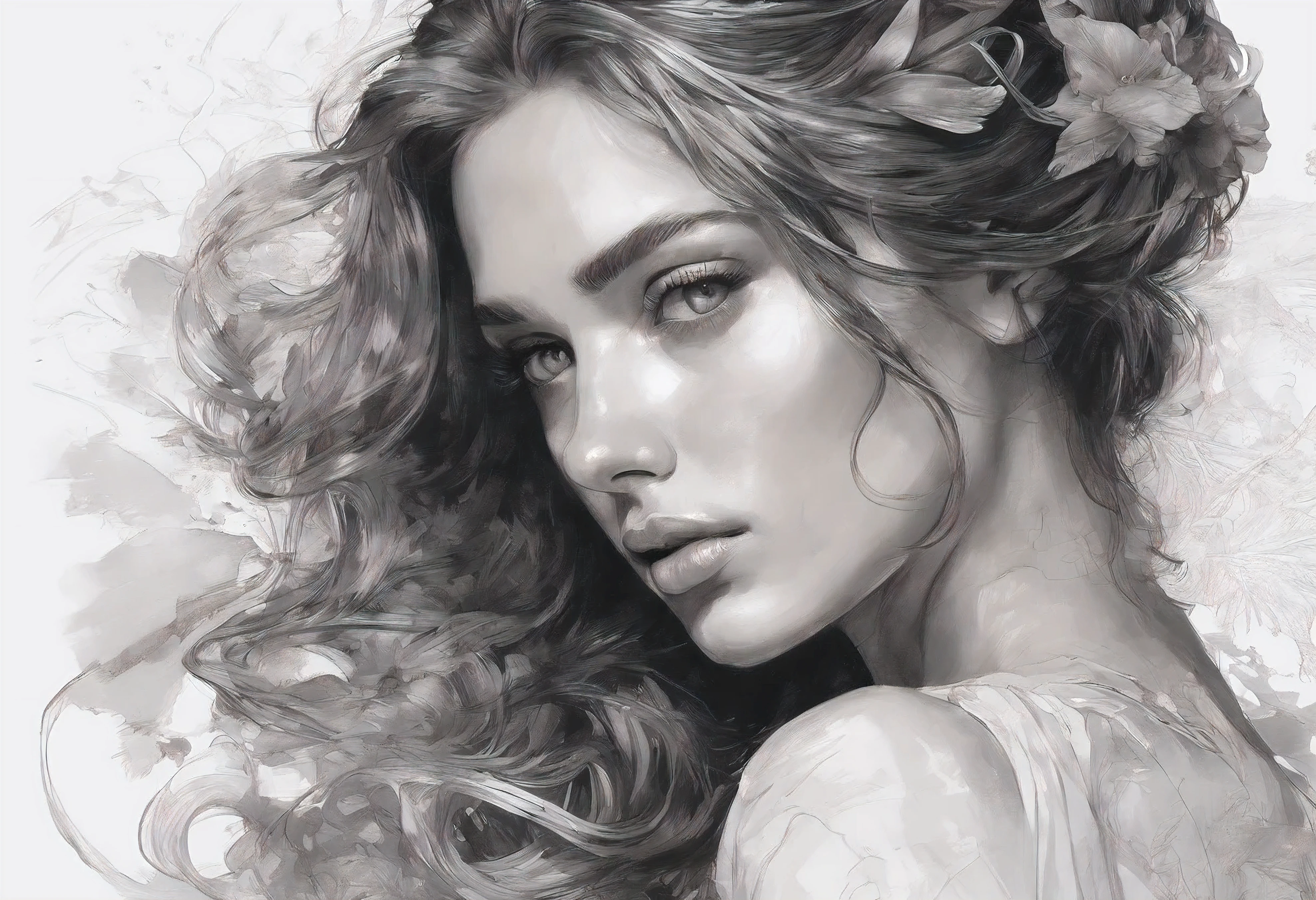 Hyper realistic painting of the beautiful sexy 20 years old woman in a flowing long dress, low cut decollate dress, Perfect centralization, beautiful very detailed face, Fantastic Black Golden Beams, alegria, Standing position, beleza abstrata, Centrado, looking at the camera, Facing the camera, Approaching perfection, Dynamic, altamente detalhado, liso, foco nítido, 8k, alta resolução, illustration, arte de Carne Griffiths e Wadim Kashin, Personagens de Goldfish