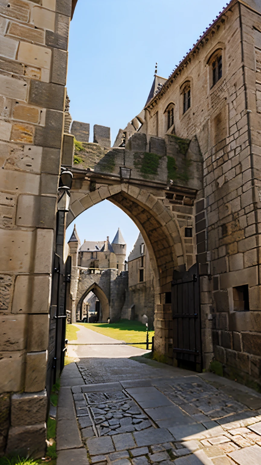 Medieval castle portcullis , viewed from the drawbridge as it would have looked in the past.