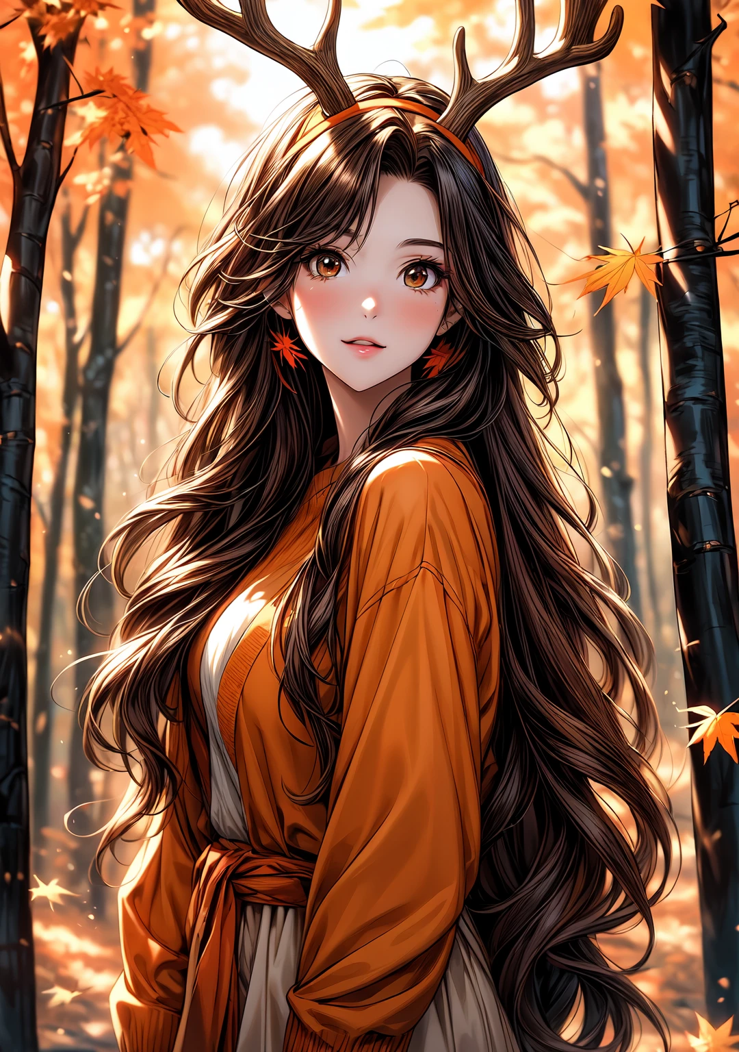 a woman with long hair and a deer antlers headband in a forest, 🍁 cute, 🍂 cute, beautiful autumn spirit, goddess of autumn, style artgerm, seasons!! : 🌸 ☀ 🍂 ❄, orange and brown leaves for hair, anime girl with long hair, artgerm and rossdraws, extremely detailed artgerm, artgerm and atey ghailan