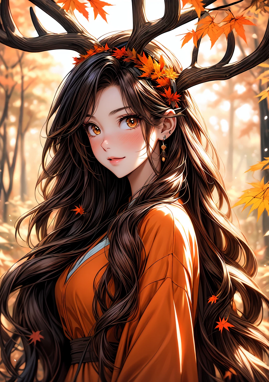 a woman with long hair and a deer antlers headband in a forest, 🍁 cute, 🍂 cute, beautiful autumn spirit, goddess of autumn, style artgerm, seasons!! : 🌸 ☀ 🍂 ❄, orange and brown leaves for hair, anime girl with long hair, artgerm and rossdraws, extremely detailed artgerm, artgerm and atey ghailan