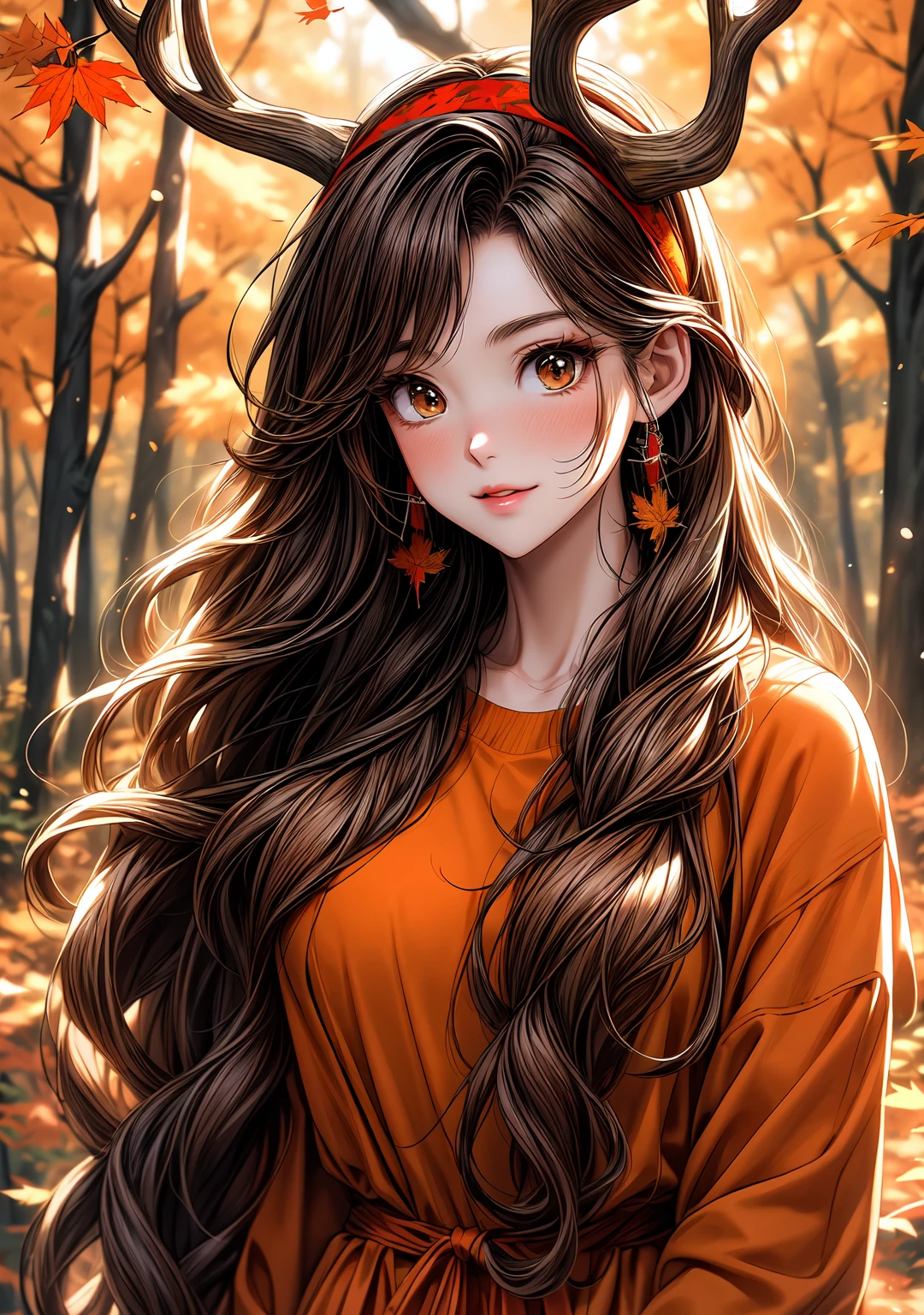 a woman with long hair and a deer antlers headband in a forest, 🍁 cute, 🍂 cute, beautiful autumn spirit, goddess of autumn, style artgerm, seasons!! : 🌸 ☀ 🍂 ❄, orange and brown leaves for hair, anime girl with long hair, artgerm and rossdraws, extremely detailed artgerm, artgerm and atey ghailan