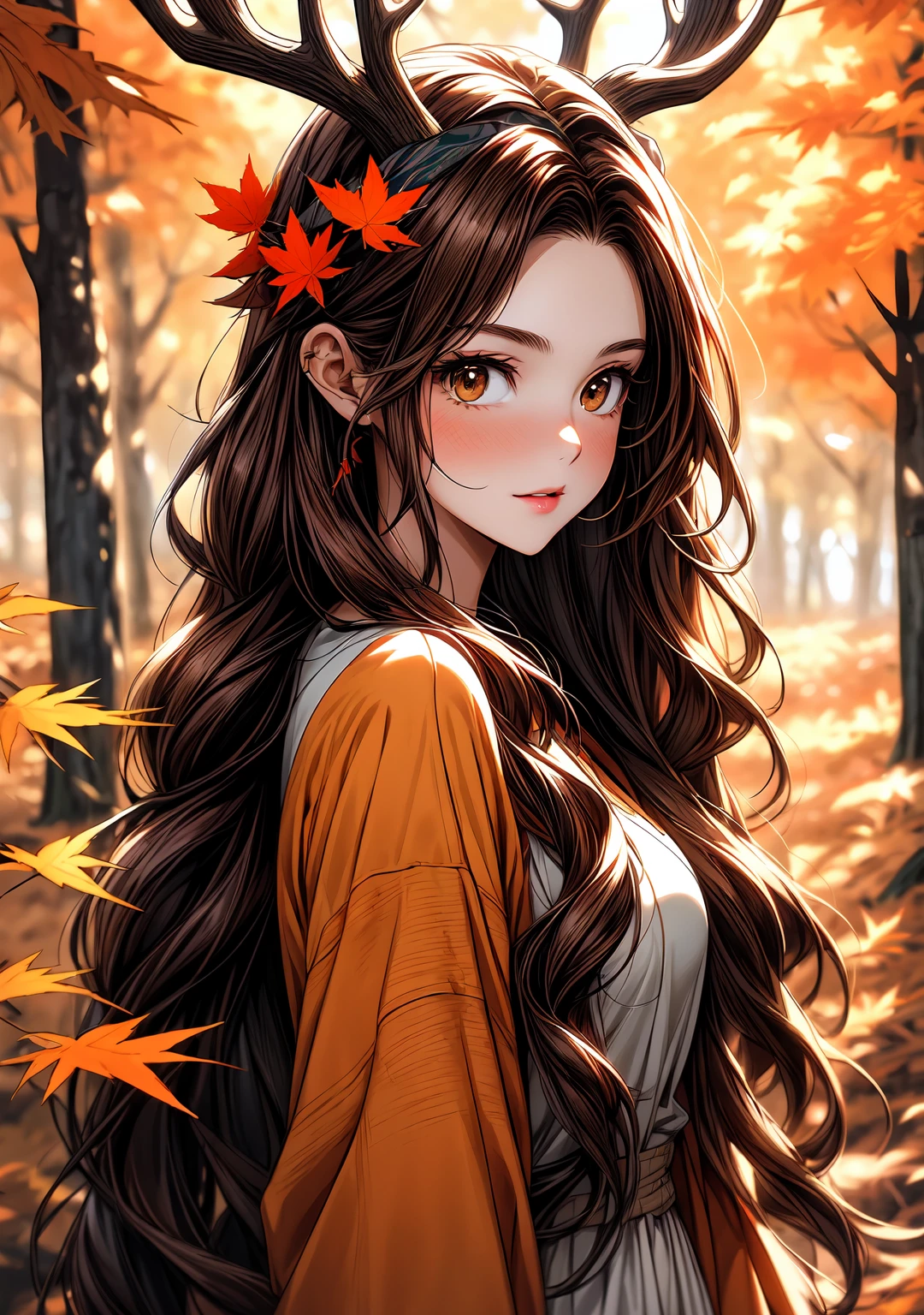 a woman with long hair and a deer antlers headband in a forest, 🍁 cute, 🍂 cute, beautiful autumn spirit, goddess of autumn, style artgerm, seasons!! : 🌸 ☀ 🍂 ❄, orange and brown leaves for hair, anime girl with long hair, artgerm and rossdraws, extremely detailed artgerm, artgerm and atey ghailan