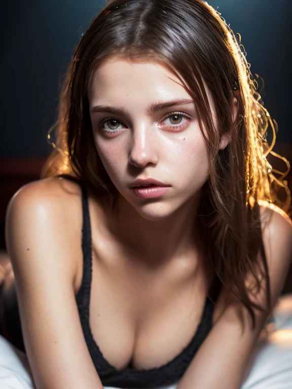 Portrait of a beautiful 18-year-old girl with a beautiful and perfect face, Russian, no panties, wet with sweat, in bed, reddened nose and cheeks, Glows(Dark private research、Dark moody light:1.2)