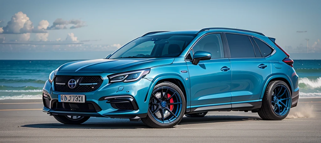 ocean blue plastic color 4x4 luxury sports sedan pursuit scene, spinning wheels, maybach style alloy rims, toyota, porsche, honda crv, brabus, subaru, nissan, mitsubishi, urban scene