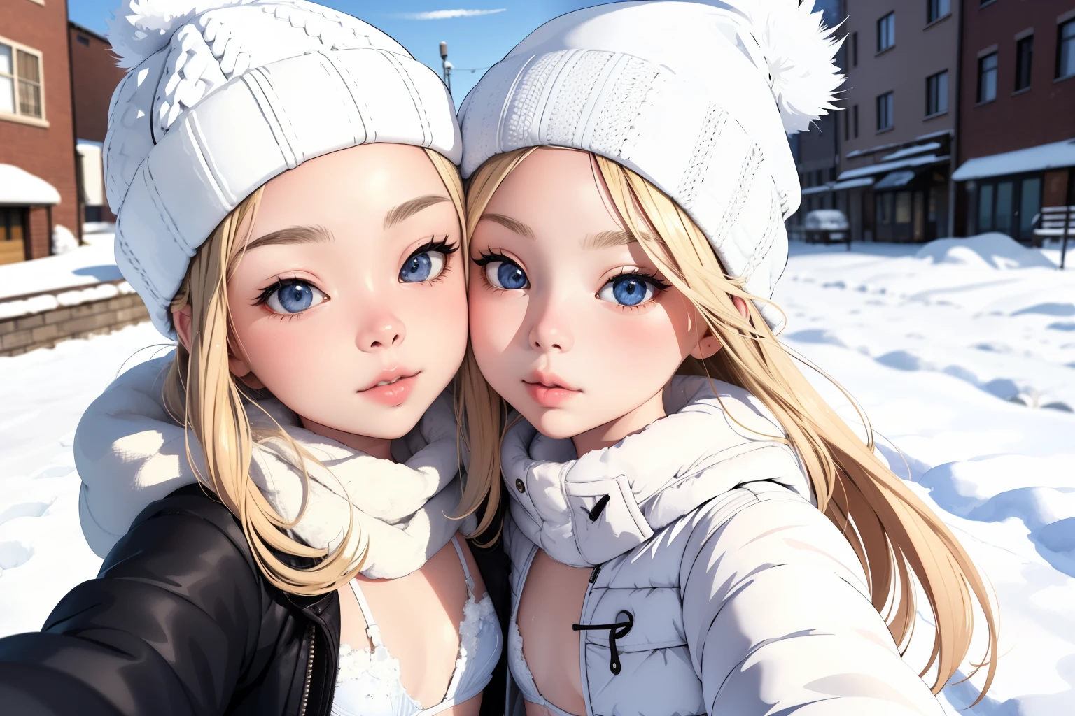 (superflat, flat shading, flat colors:1.1), (winter:1.2), (snow:1.2), (city street), 2girls, petite, loli, child, flat chest, blonde hair, open white jacket, (white bra:1.2), knitted hat, blush, (kissing:1.2), selfie, view from below, (low angle), winter, snow, bright sunlight, best shadows, watercolor,