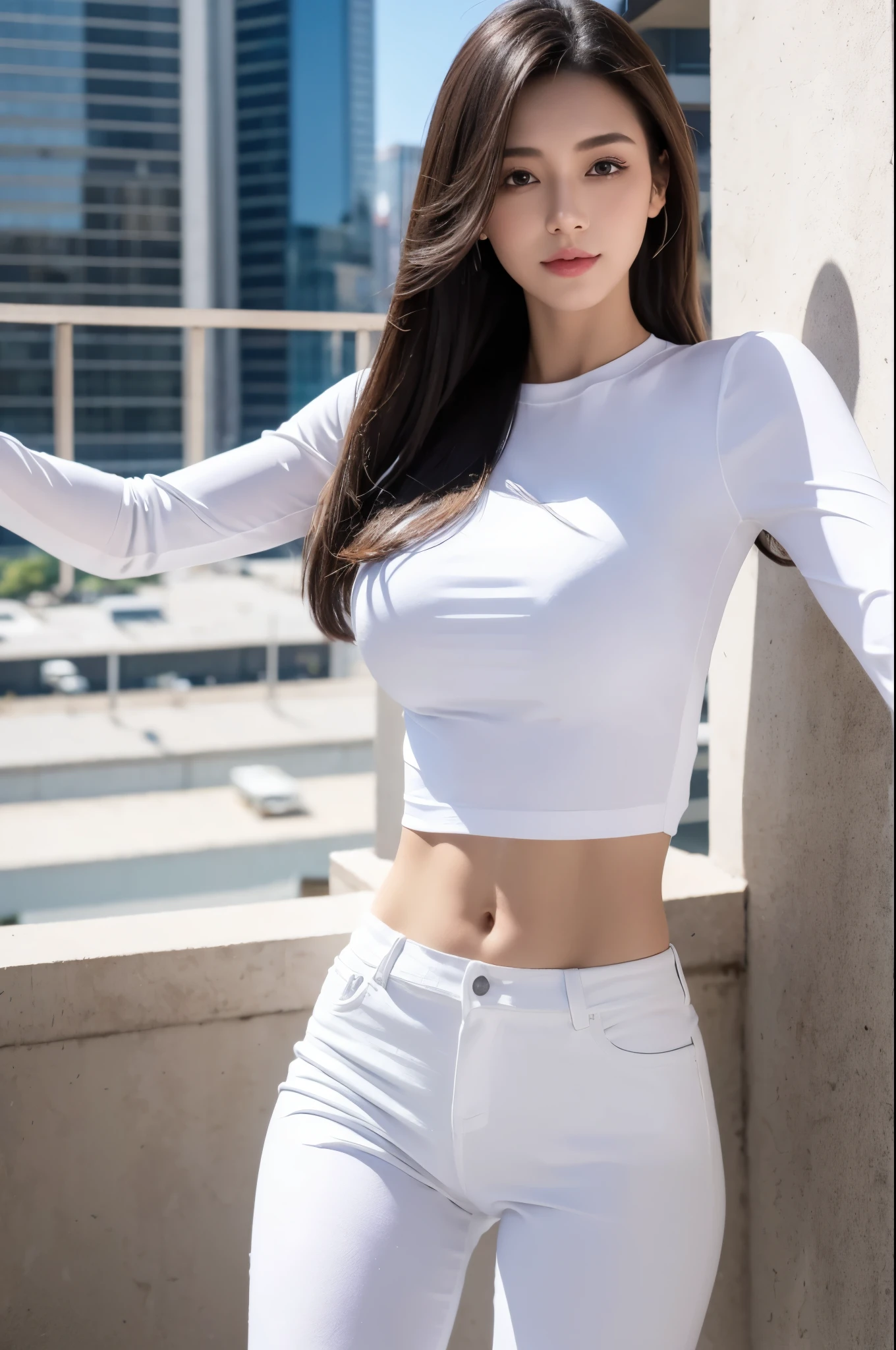 Woman standing on the balcony，open arms, Sleek white skintight suit, Woman wearing white t-shirt and jeans posing for photo，Tight T-shirt，tight white shirt，Nice white shirt, long sleeve t-shirt, business attire，round face，formal shot，medium，a 20 year old girl，Clothes are flat，No folds