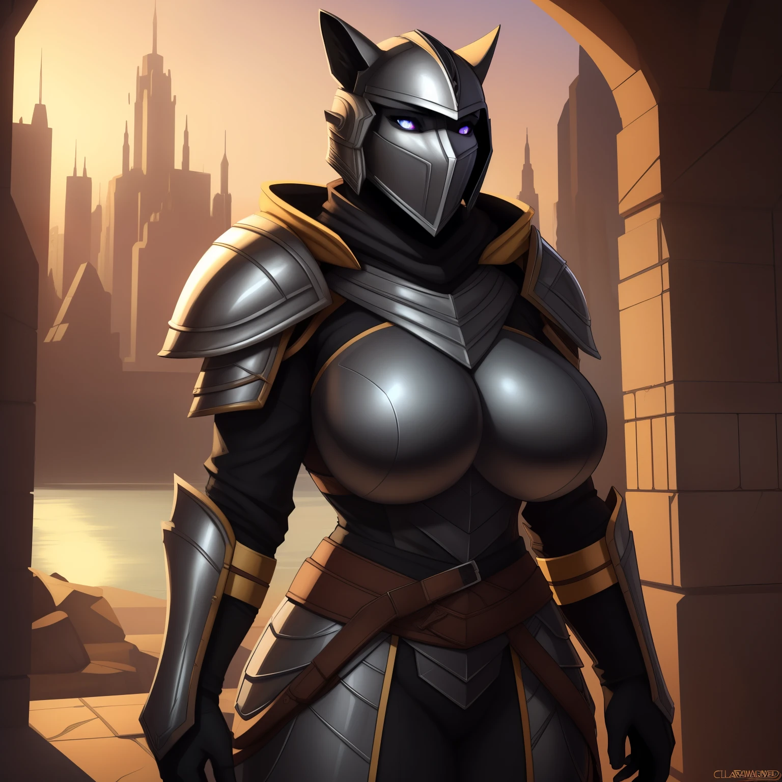 Very_muscular_mature_doberman female dark_brown_two-tone_furry_body brown_eyes milf heavy_plate_armor full_face_helmet misty_breath solo Masterpiece best_quality absurdres highly_detailed cleanly_drawn_eyes anthro_only large_breasts by_claweddrip, by_greasymojo, by_underscore-b, by_runawaystride