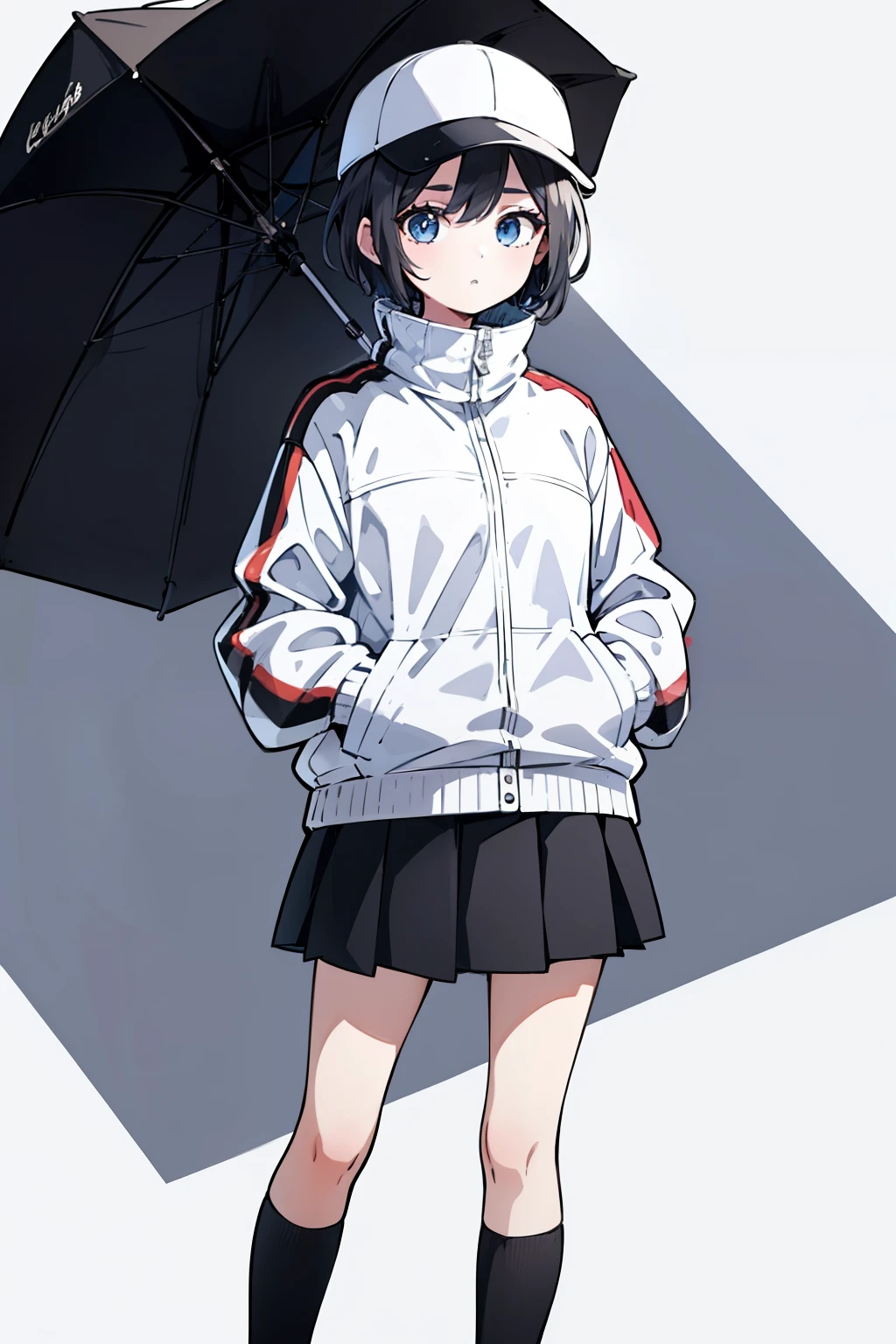 1girl, solo, blue eyes, (detailed eyes), flat chest, ((short hair)), black hair, (baseball hat), white cap, ((waterproof jacket)), (white jacket), skirt, black skirt, black socks, standing, (hands in pockets), ((Closed sweater)), upper body, white background, Transparent background, looking at viewe, ((masterpiece, illustration, best quality)) 