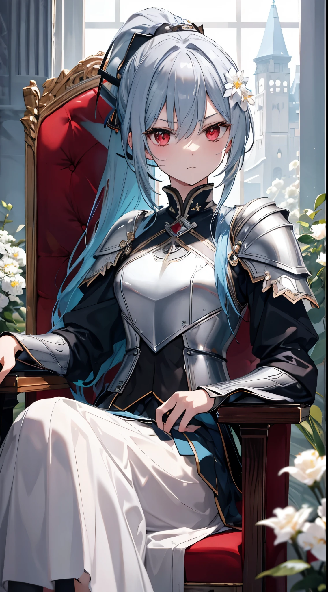 [[[ ultra-detailed, best quality, soft skin, beautiful, 4K]]] high definition, cyan hair, silky hair, red eyes, long hair, ponytail, battle maiden full gray armor, medium skirt, engraved armor, fit body, war council, white flower hairpin, princess, serious expression, sitting down, regal chair,