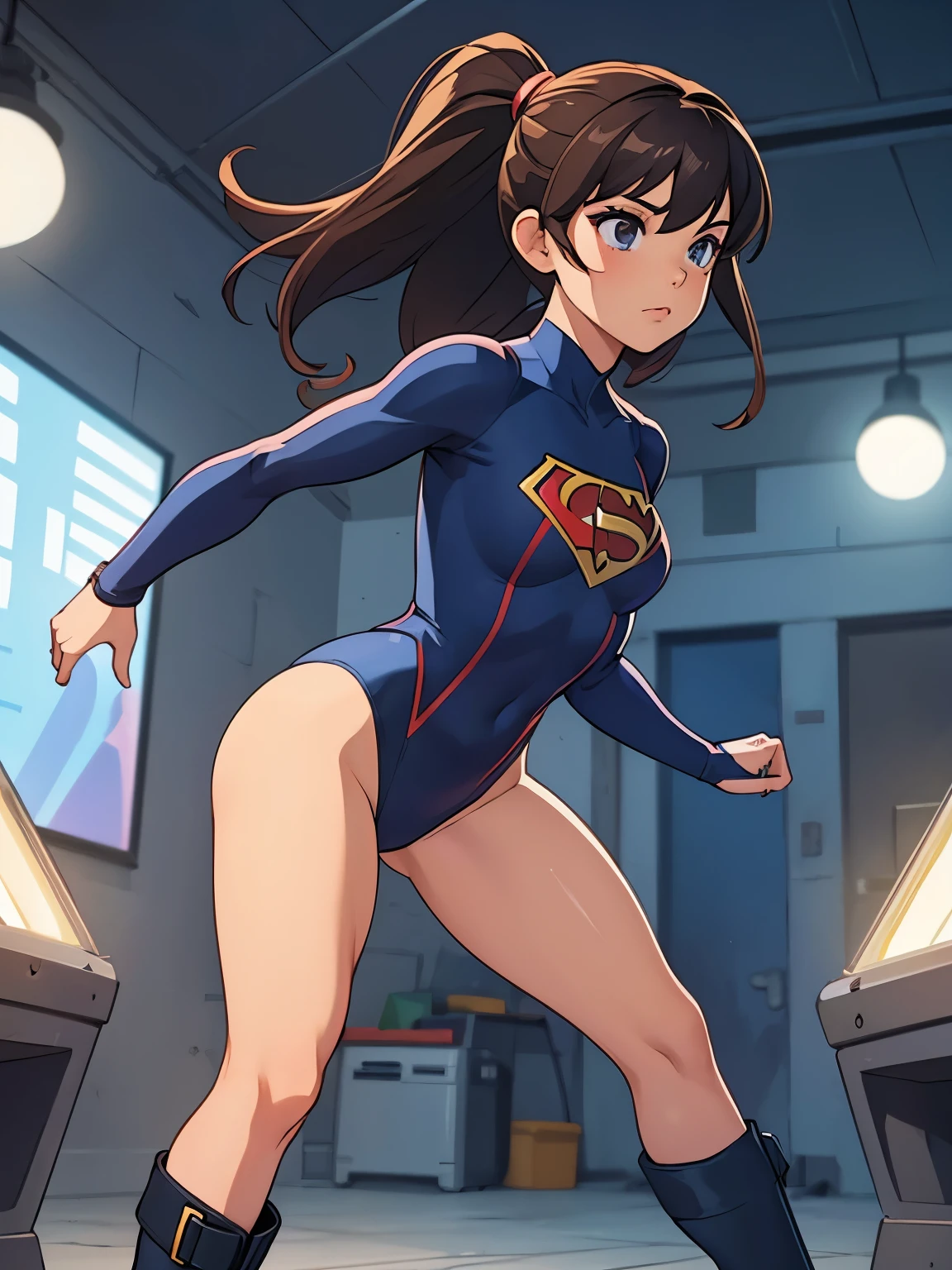 1girl, superhero, leotard, bare legs, boots, standing, solo focus