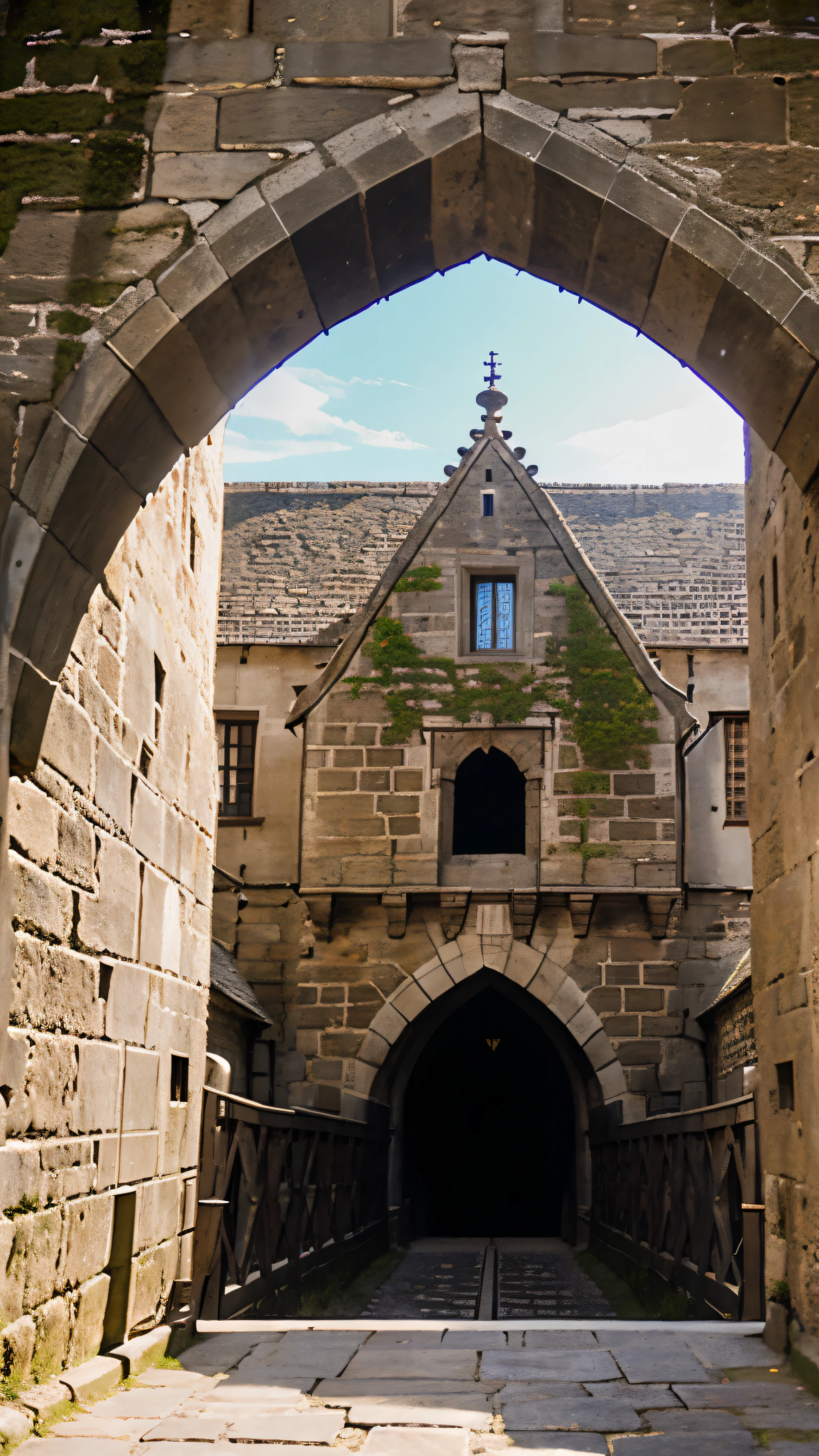 Medieval castle portcullis , viewed from the drawbridge as it would have looked in the past.
