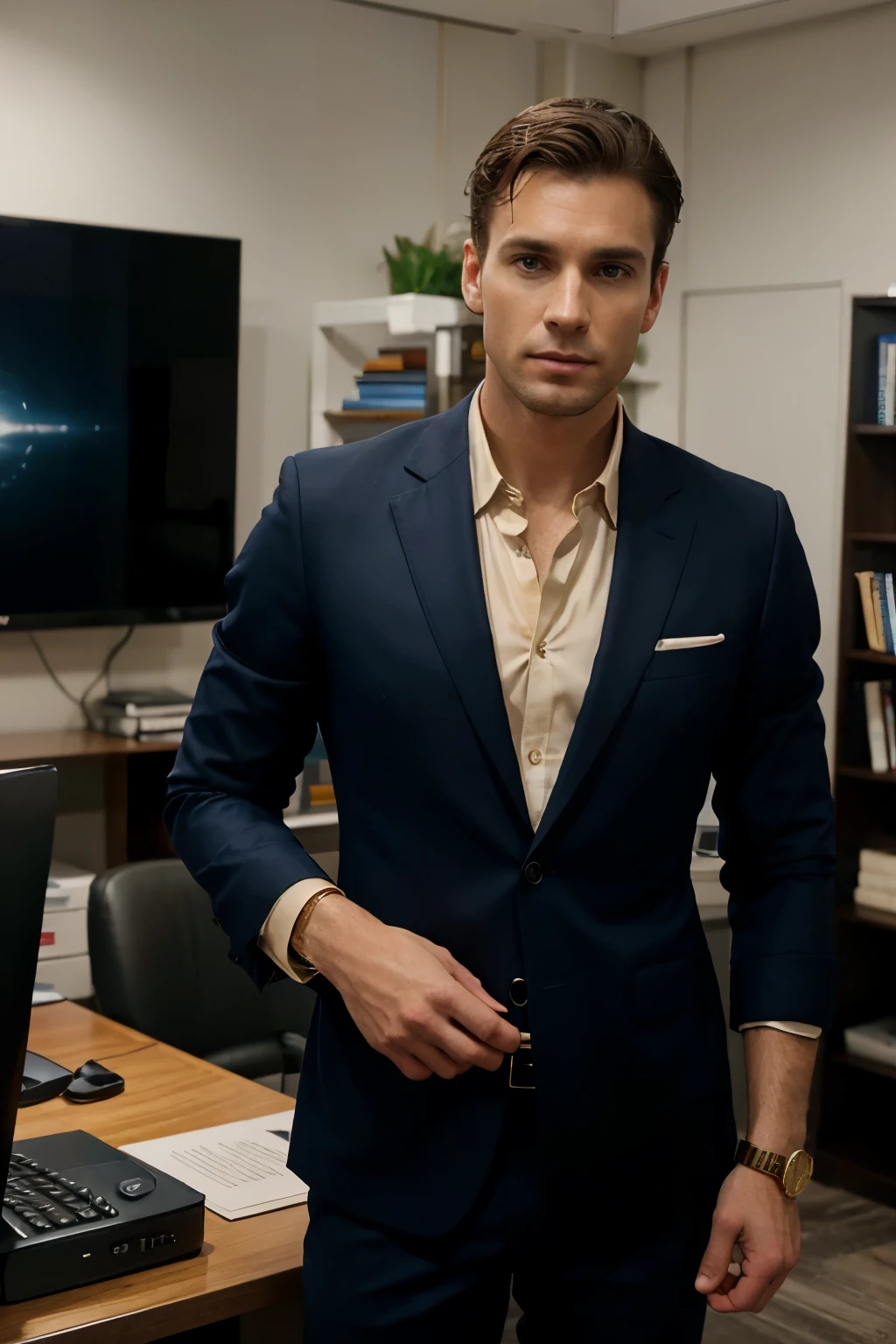 A white man, very thin, 32 years old, dark brown hair, business photo, cinematic, dramatic cinema, wearing an elegant navy blue suit, wearing a watch (ultra detailed gold) on one wrist, in a power pose, pose confident, in an office (in the background some books and a computer), real life, ultra realistic, photorealism, hyper extreme detailed, best quality, maximum quality, 8k.