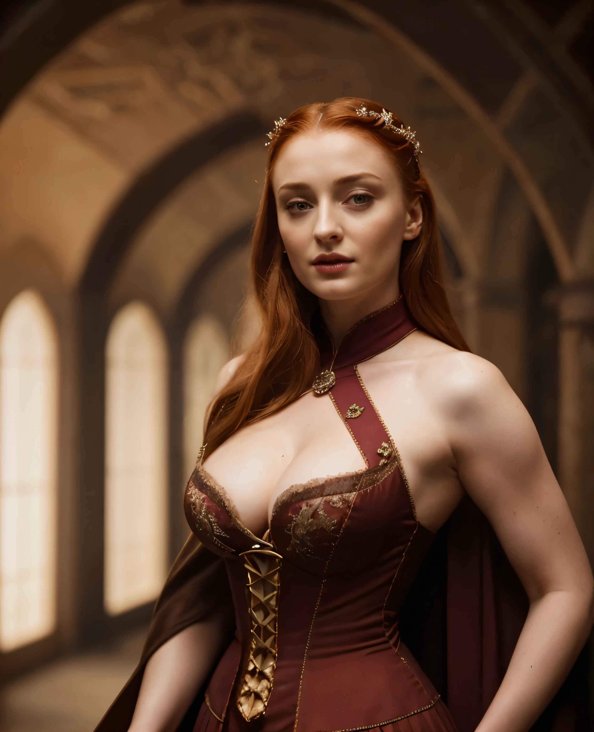 Sansa Stark played by Sophie Turner, the de facto Lady of the Eyrie, is a 40-year-old mature queen with a stunning, alluring appearance. Full Face, reddish lips, upper body shot, erotic Mediaeval costumes, game of thrones costumes, She wears a Game of Thrones-inspired costume and has a deep cleavage, a perfect thick body, and a perfect thick figure. The photograph captures her in a close-up, with her skin texture and facial features being ultra-realistic and realistic.