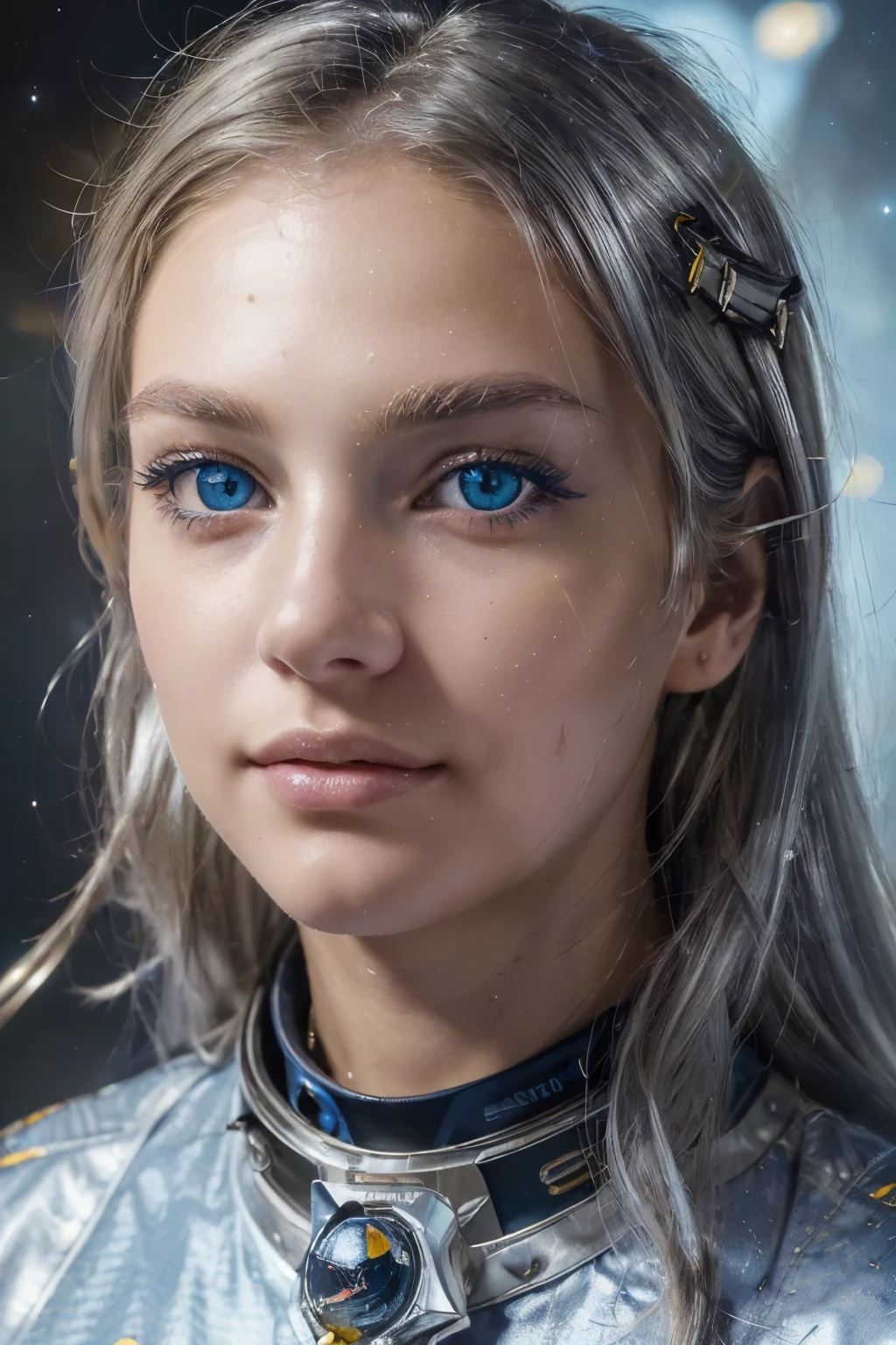 (A higher-quality masterpiece in close-up:1.5)0.9], (Espace et astronaute:1.2) (messy silver hair:1.1) (yellow eyes with heterochromia and blue eyes:1.2) (casque spatial:1.0) (Colorful stars in the eyes:1.0) (radiant light:1.1) (big lips:0.9)