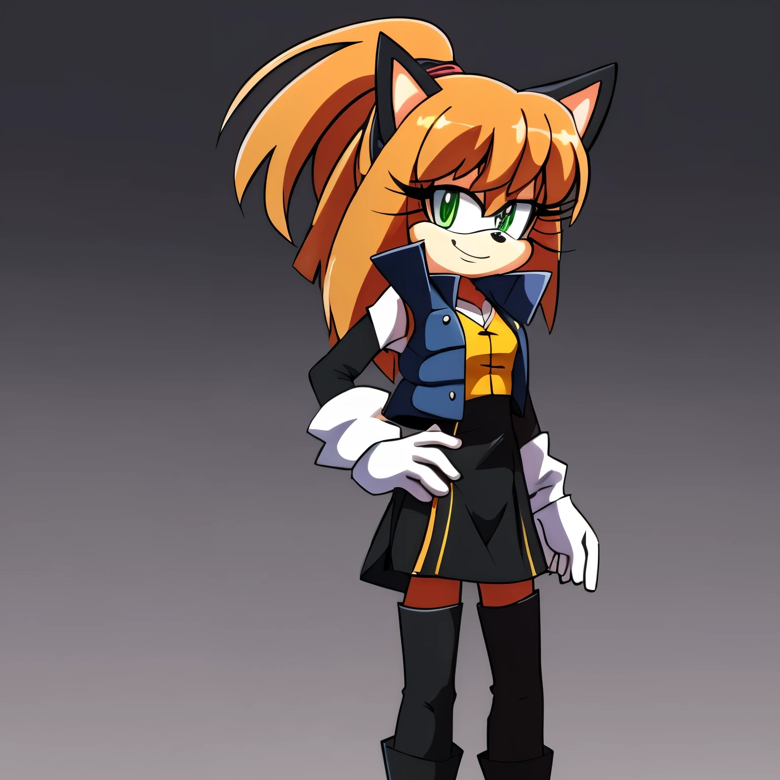 Female, Mobian, one hand on hip, (((2D Anime Style))), (solo), (1girl), high quality digital art, red and black neon lines sketch art, black cloudy background, a brown furred female anthropomorphic hedgehog from Sonic the hedgehog who has green eyes, smiling, long lower back length hair, hair bangs, long sleeve black dress with yellow stripes, yellow waistband, black pants, knee high high heeled boots, white gloves, ((Bulchi Fusion Vest)), wispy lines, smoky