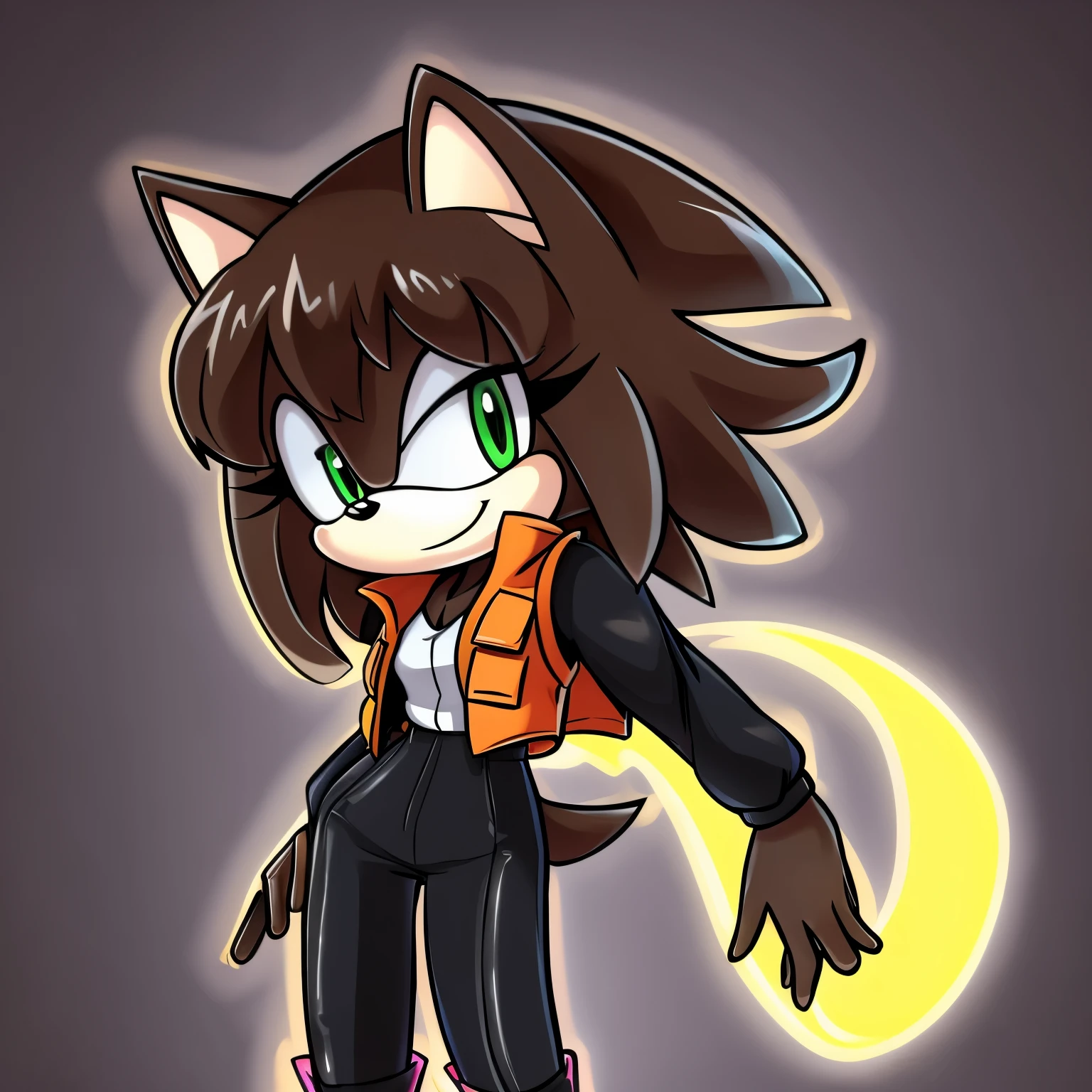 Female, Mobian, one hand on hip, (((2D Anime Style))), (solo), (1girl), high quality digital art, red and black neon lines sketch art, black cloudy background, a brown furred female anthropomorphic hedgehog from Sonic the hedgehog who has green eyes, smiling, long lower back length hair, hair bangs, long sleeve black dress with yellow stripes, yellow waistband, black pants, knee high high heeled boots, white gloves, ((Bulchi Fusion Vest)), wispy lines, smoky