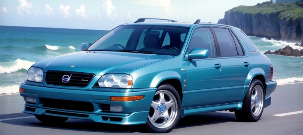 ocean blue plastic color 1990s style 4x4 luxury sports sedan pursuit scene, spinning wheels, maybach style alloy rims, toyota, porsche, honda crv, brabus, subaru, nissan, mitsubishi, urban scene