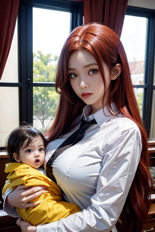 in room, based on the character makima, long red hair, yellow eyes, big boobs, wearing a white shirt and black tie, holding a 2 , long red hair