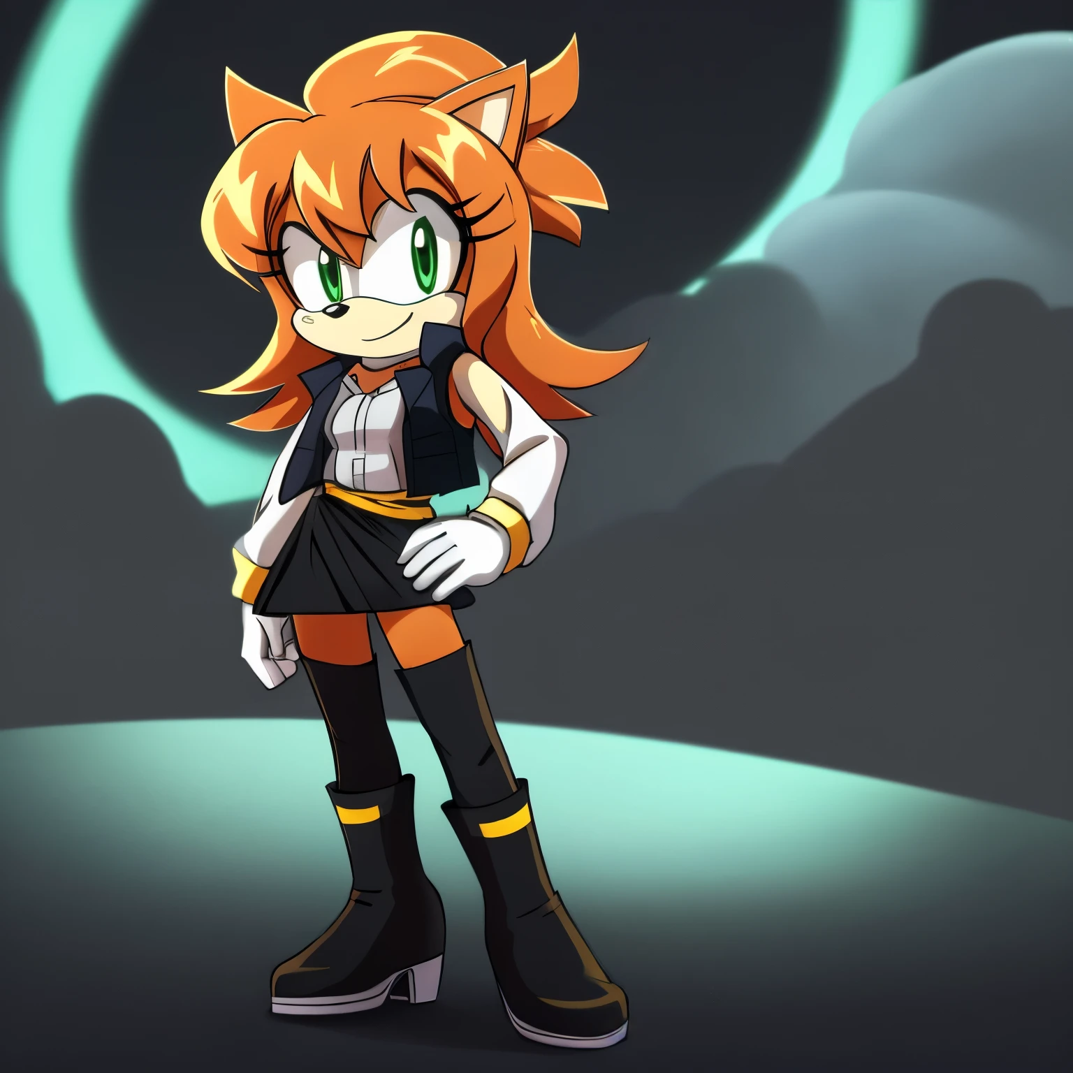 Female, Mobian, one hand on hip, (((2D Anime Style))), (solo), (1girl), high quality digital art, red and black neon lines sketch art, black cloudy background, a brown furred female anthropomorphic hedgehog from Sonic the hedgehog who has green eyes, smiling, long lower back length hair, hair bangs, long sleeve black dress with yellow stripes, yellow waistband, black pants, knee high high heeled boots, white gloves, ((Bulchi Fusion Vest)), wispy lines, smoky