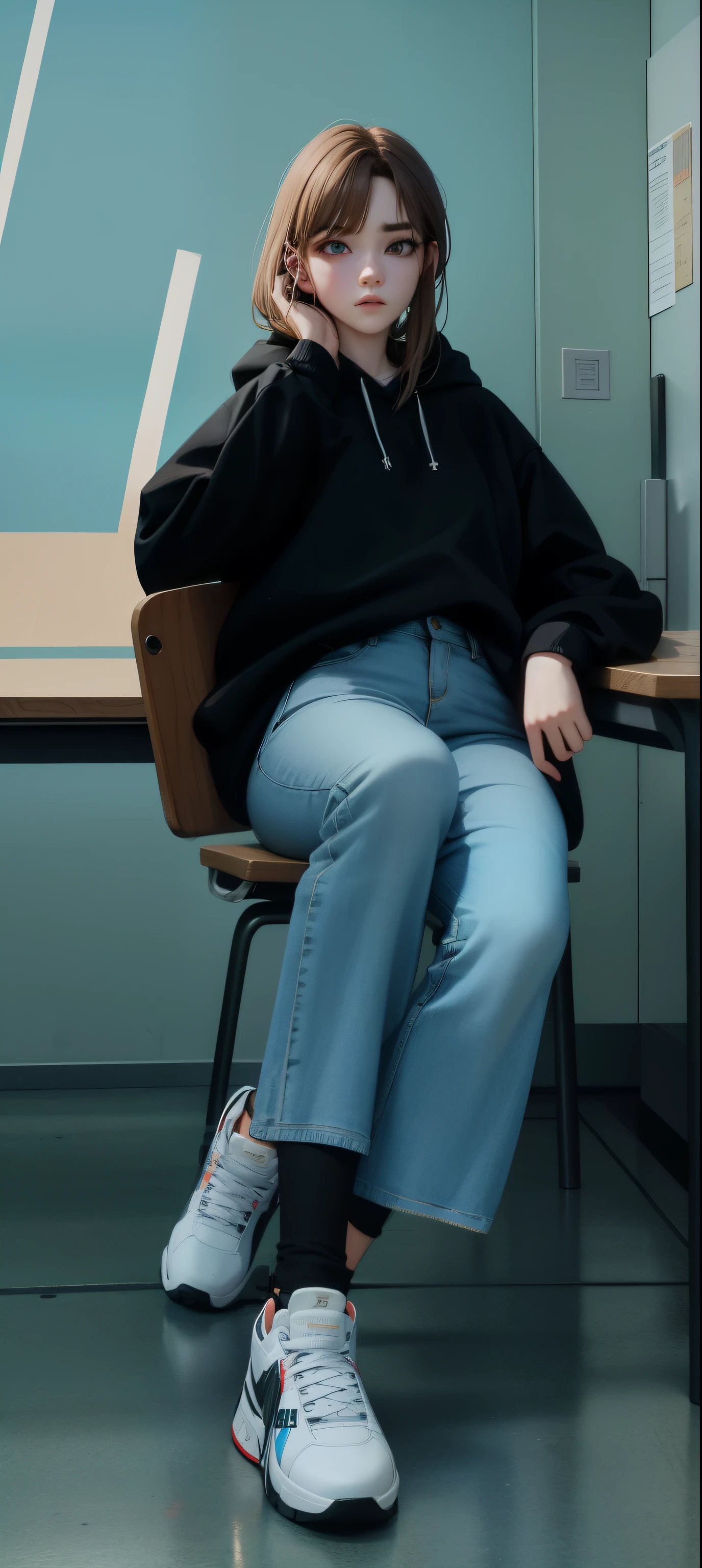 here is a woman sitting at a table with a mobile phone, casually sitting down, Сидя In class, aesthetic shot, VHS footage, Стоя In class, 2000 aesthetics, and 2 k aesthetics, student, Dark Academic Aesthetics, In class, In college, Low quality photo, Carrying baggy items, in jeans and a black hoodie, study