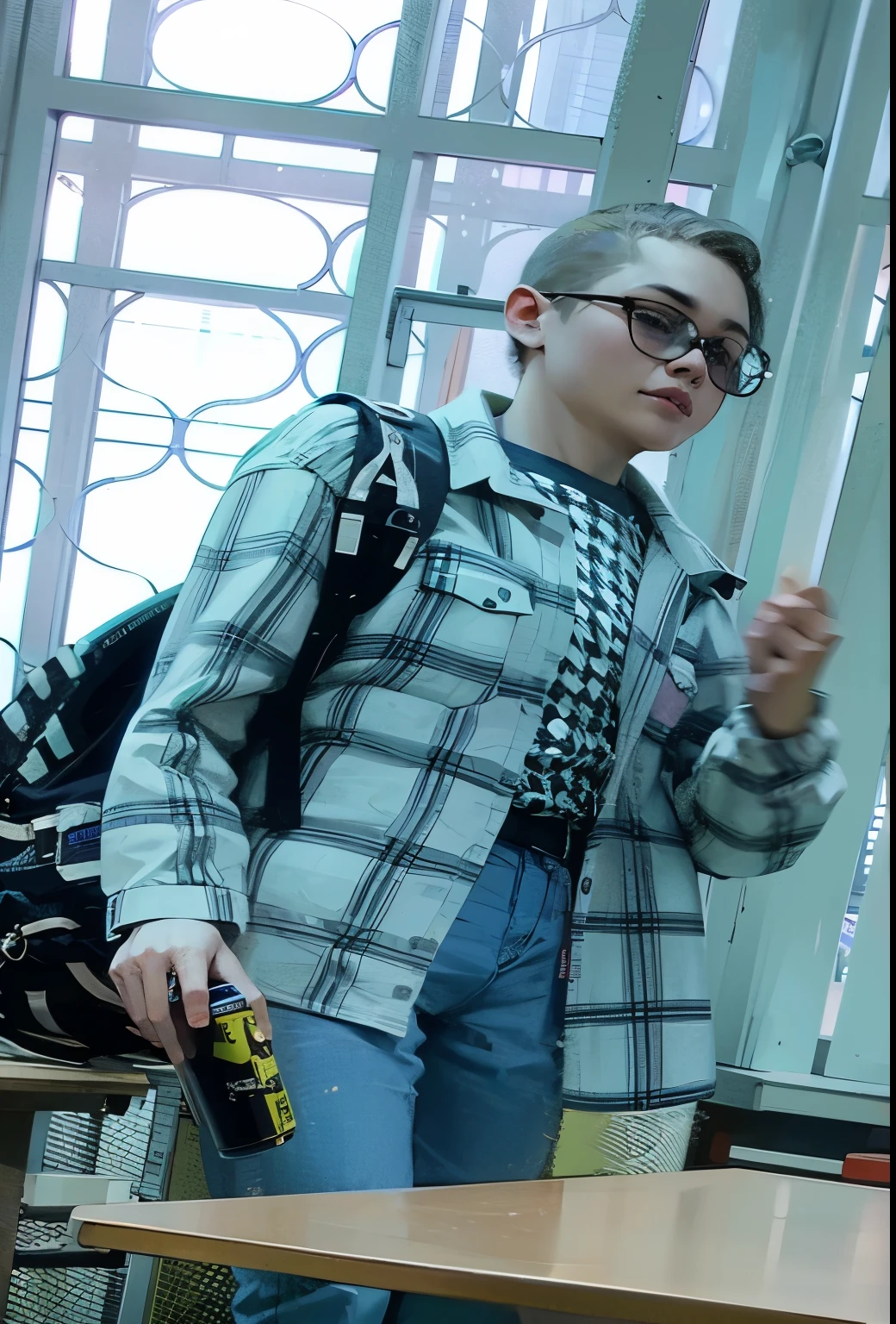 here is a woman standing in a room with a laptop, wearing Checkered shirt, and 2 k эстетика, 2000 aesthetic, taken on a 2000s camera, wearing a Checkered shirt, 2000 style, 2000 style, filmed on camera in the 2010s, Checkered shirt, dressed casually, Cai Xukun, Casual wear