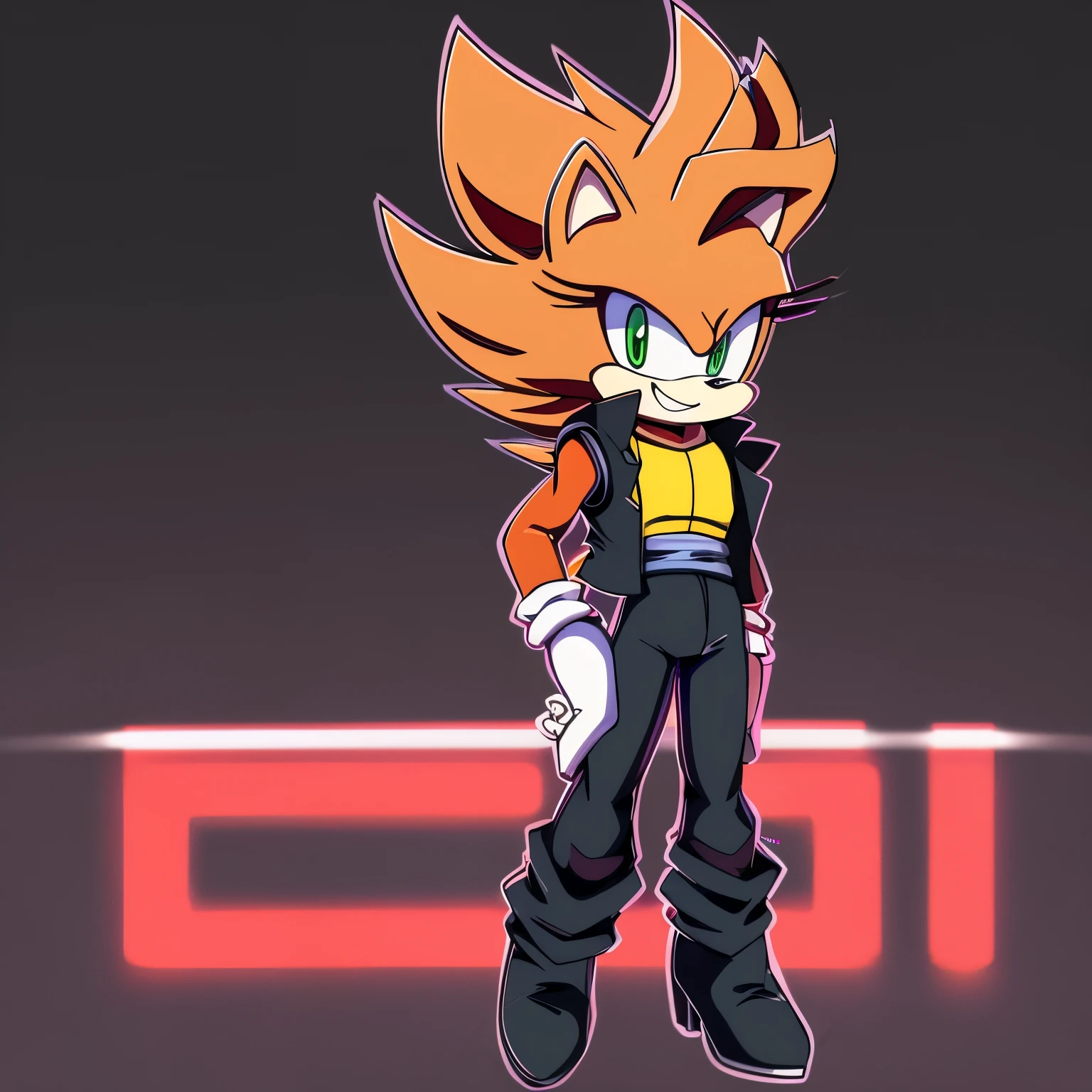 Female, Mobian, one hand on hip, (((2D Anime Style))), (solo), (1girl), high quality digital art, red and black neon lines sketch art, black cloudy background, a brown furred female anthropomorphic hedgehog from Sonic the hedgehog who has green eyes, smiling, long lower back length hair, hair bangs, long sleeve black dress with yellow stripes, yellow waistband, black pants, knee high high heeled boots, white gloves, ((Gogeta fusion Vest)), wispy lines, smoky