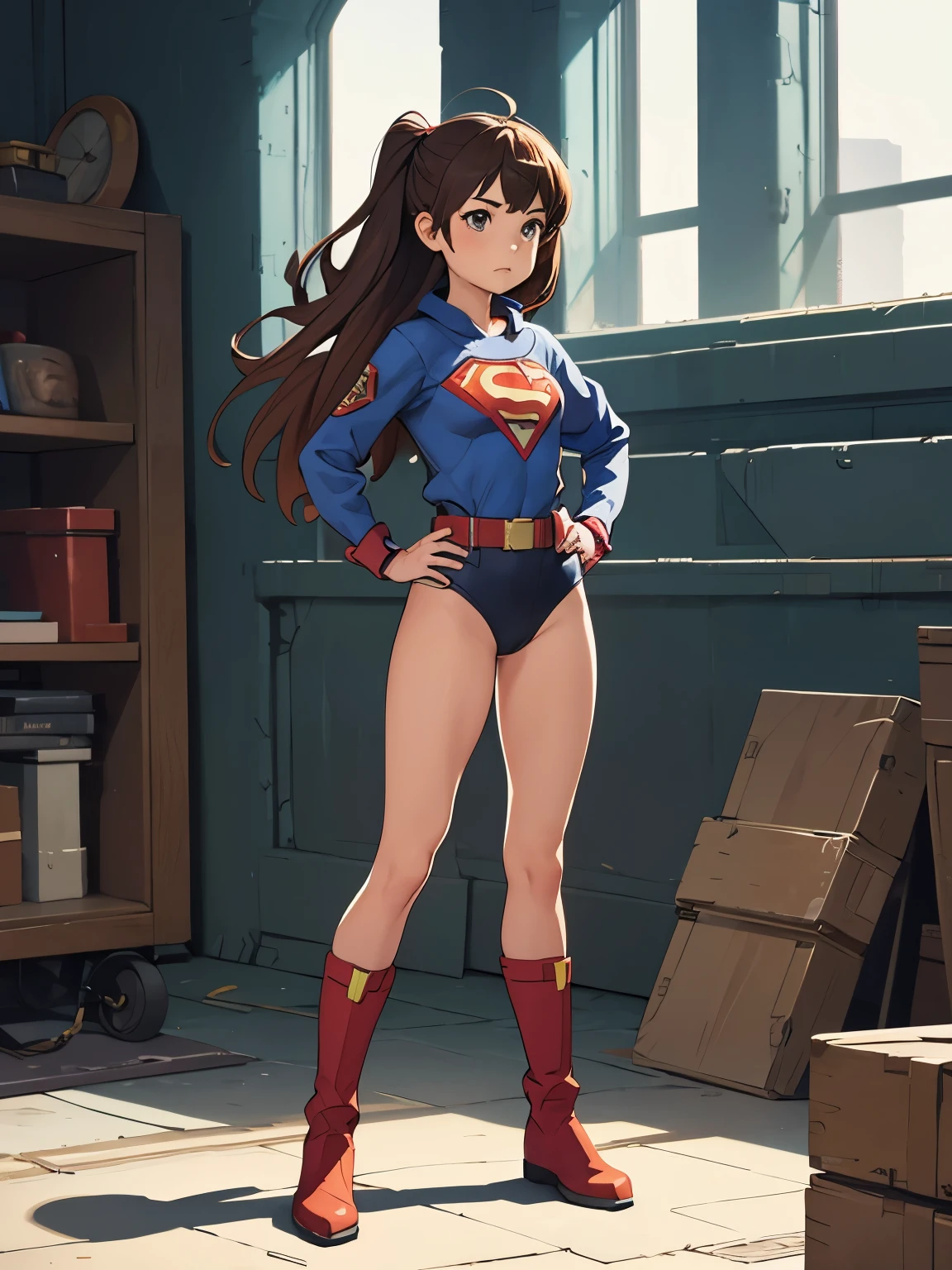 masterpiece, best quality, 1girl, solo, single, superhero, leotard, bare legs, boots, standing straight, time travel
