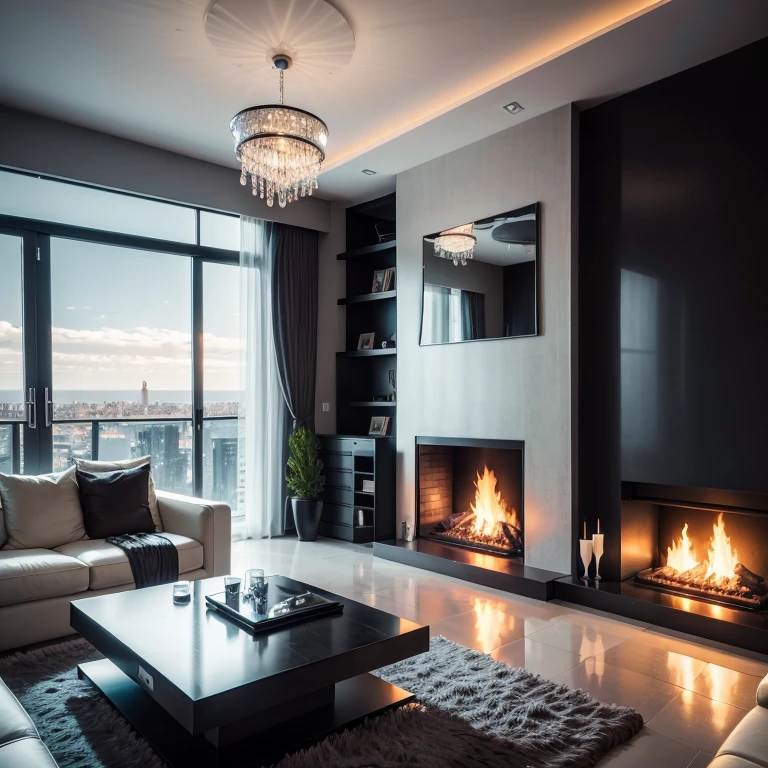 arafie design - modern living room with fireplace and large windows, Penthouse, luxury condominium interior, city views, luxurious interior environment, floor to ceiling windows, inside a modern apartment, truly realistic image, very elegant & complex , an award winning digital rendering, ultramodern, roaring fire place, stunning rendering, ocean views, modern living room, dramatic rendering