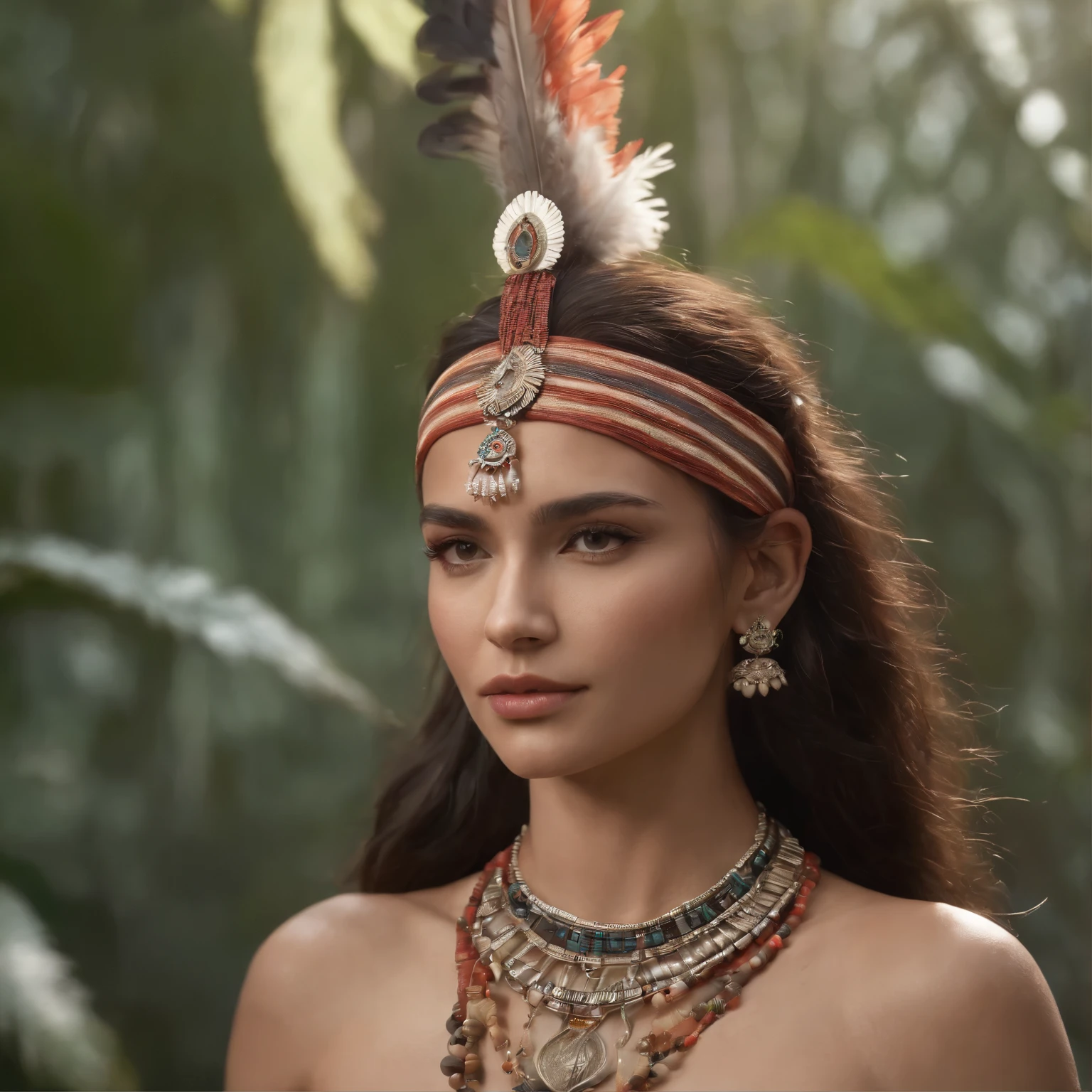 araffe nude woman in native dress with feathers and jewelry in the jungle, aztec princess portrait, [ trending on cgsociety ]!!, artwork in the style of guweiz, trending in cgsociety, 🌺 cgsociety, deviantart artstation cgscosiety, cgsociety portrait, 3 d render character art 8 k, 8k high quality detailed art